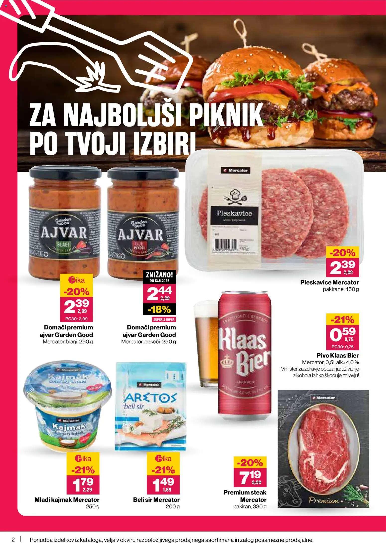 Novi Mercator katalog ponudbe – veljaven od 09.04.2026 | Stran: 2 | Izdelki: Kajmak, Pleskavice, Limpiador íntimo, Sir