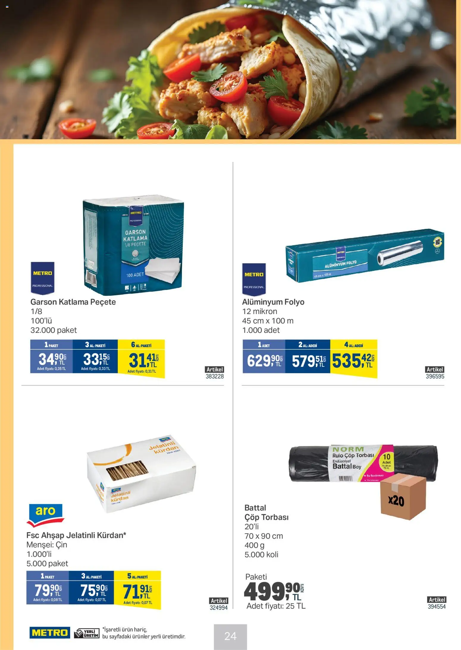 Metro - Et & Tavuk & Köfte Restoranları - 28.01.2026 tarihinden itibaren geçerlidir | Sayfa: 24 | Ürünler: Çöp torbası, Cin, Su
