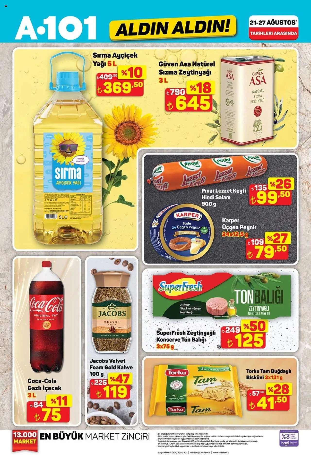 A101 Katalog Aldın Aldın - 21.08.2025 tarihinden itibaren geçerlidir | Sayfa: 1 | Ürünler: Peynir, Salam, Ton balığı, Gazlı içecek