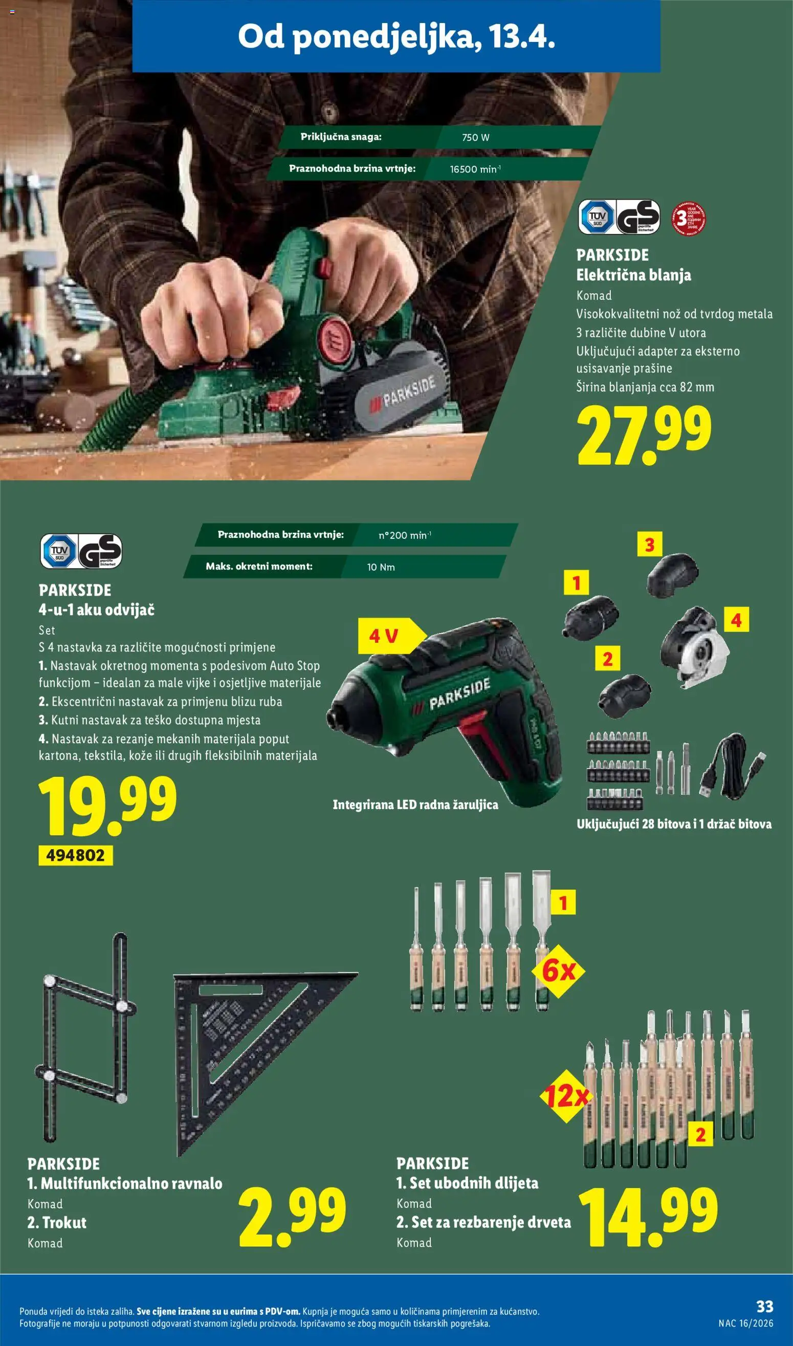 Lidl katalog | vrijedi od 13.04.2026 | Stranica: 33 | Proizvodi: Aku odvijač, Nož, Adapter, Odvijač