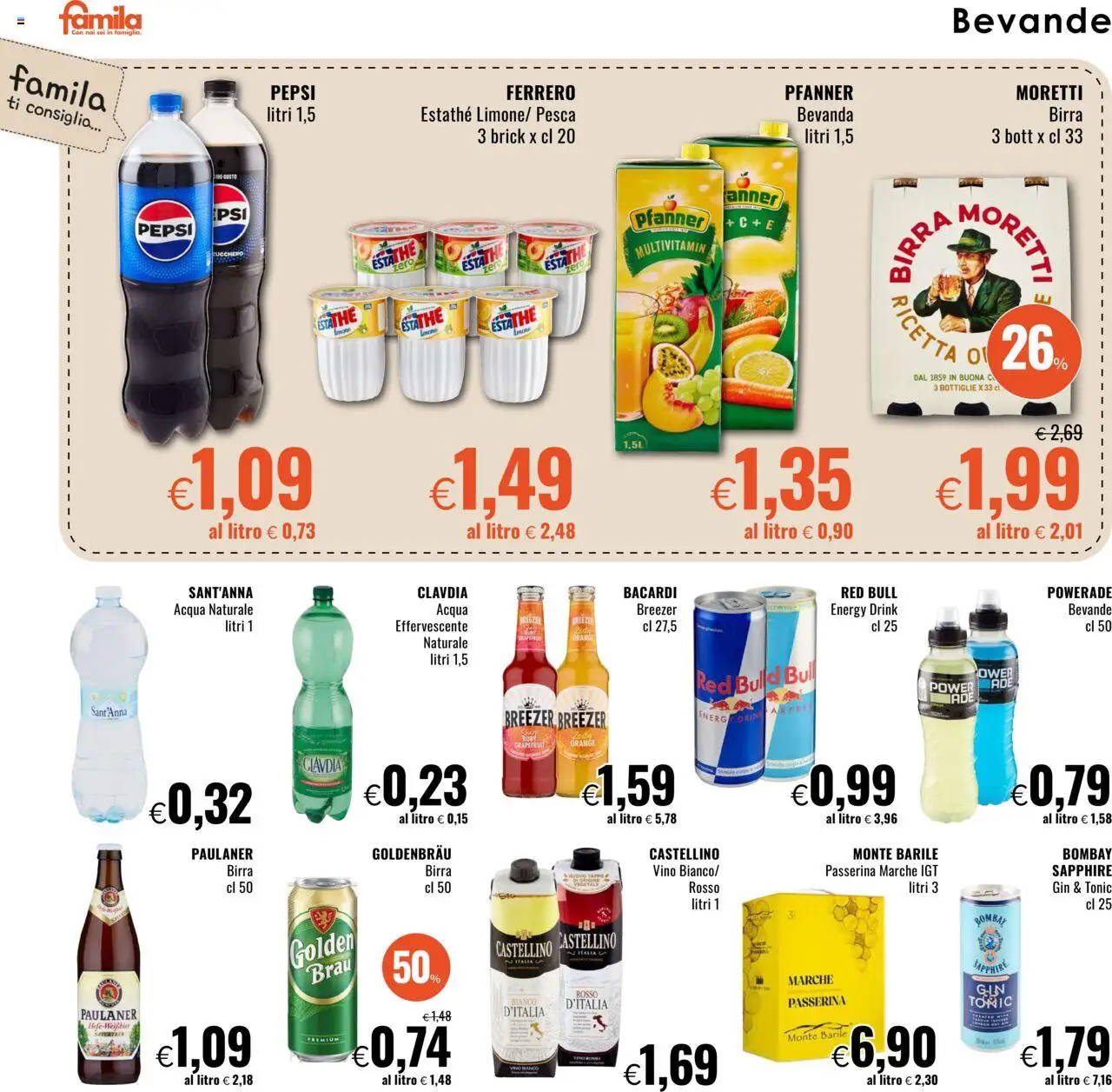 Volantino Famila del 21.08.2025 | Pagina: 16 | Prodotti: Acqua, Pesca, Red Bull, Pepsi