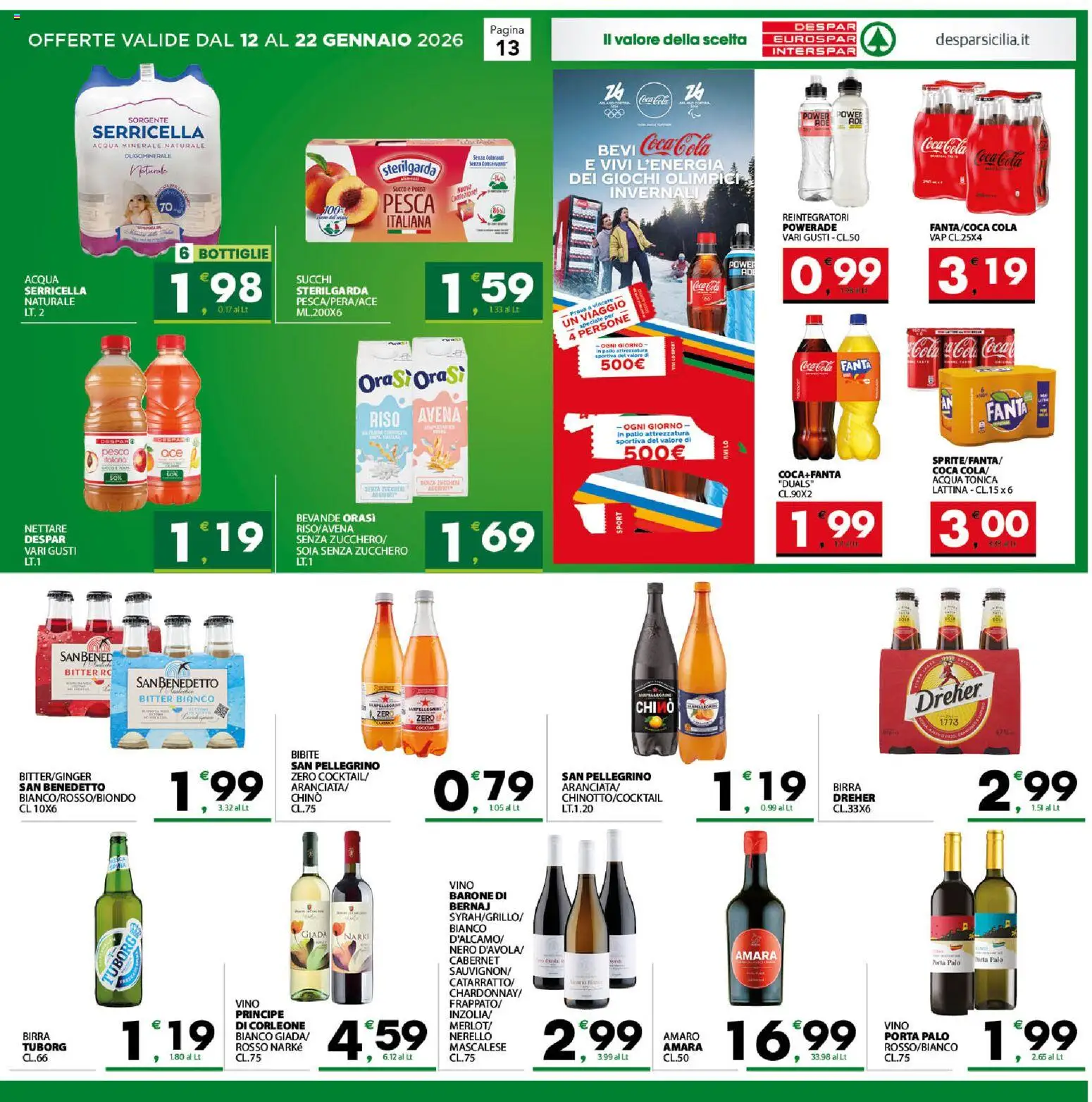 Volantino Eurospar del 12.01.2026 | Pagina: 13 | Prodotti: Acqua, Acqua minerale, Amaro, Coca Cola