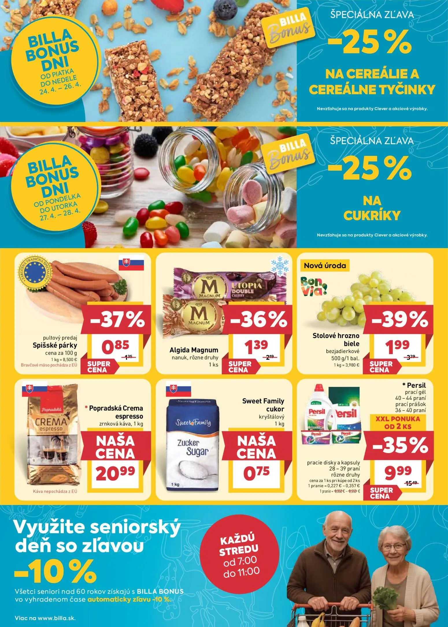 Nové Billa akcie – leták je platný od 22.04.2026 | Strana: 24 | Produkty: Persil, Prací prášok, Magnum, Bravčové mäso