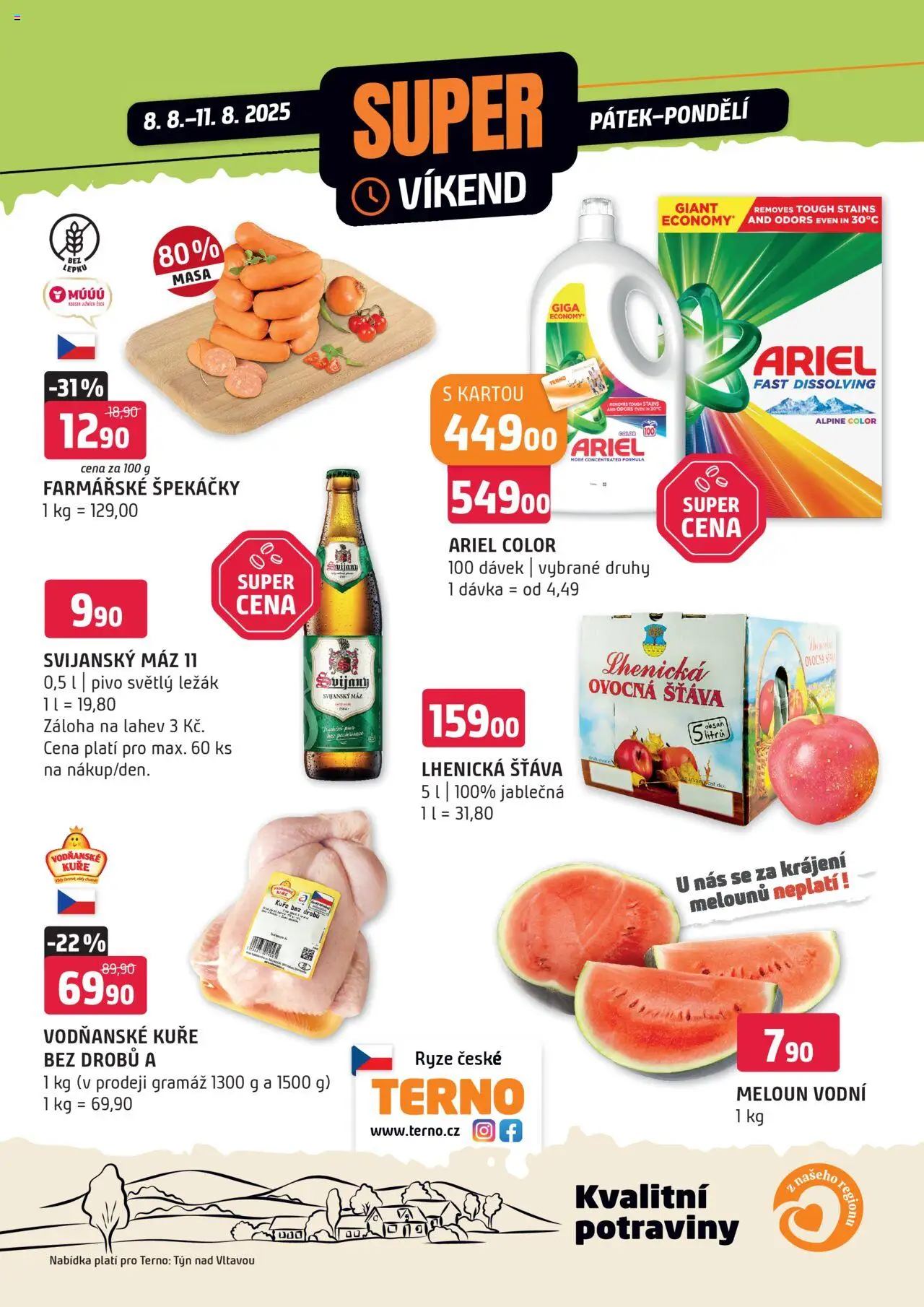 Terno leták - Super víkend od 08.08.2025 | Strana: 1 | Produkty: Rýže, Špekáčky, Ariel, Meloun vodní