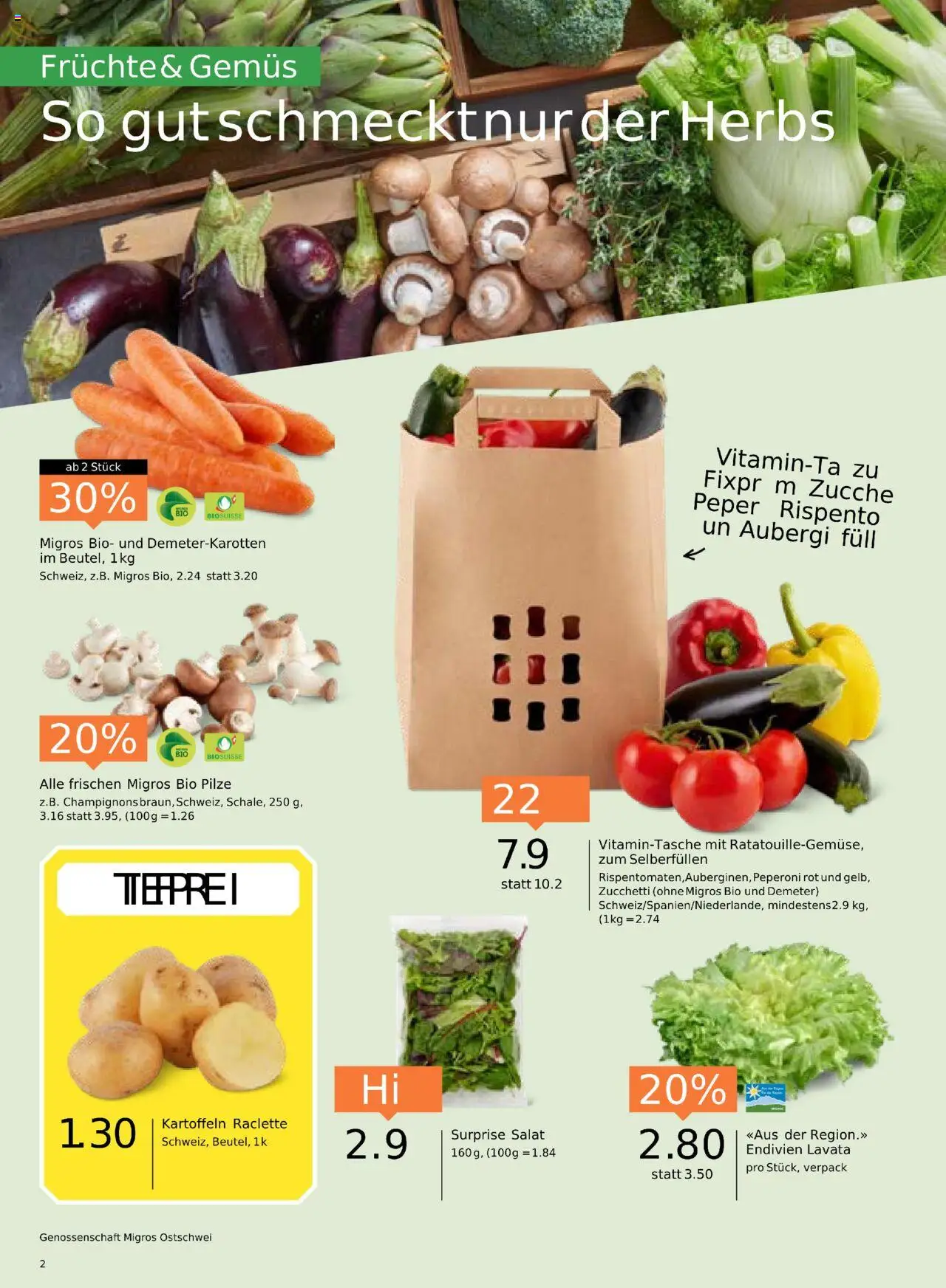 Migros Aktionen – gültig ab 14.10.2025 | Seite: 2 | Produkte: Champignons, Kartoffeln, Früchte, Raclette