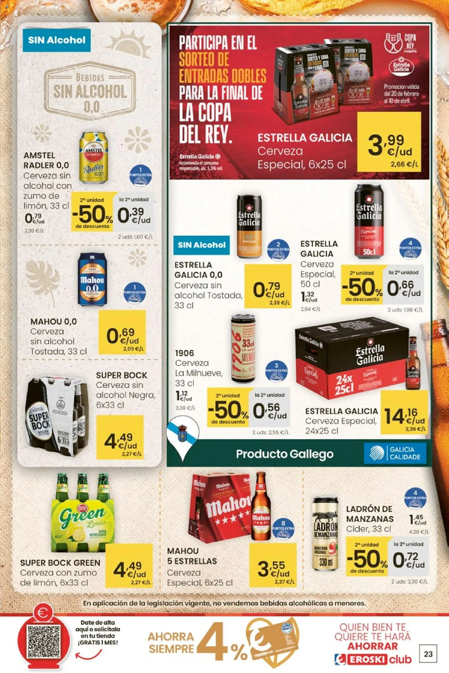 Eroski - 50 de descuento │ válido desde el 26.02.2026 | Página: 23 | Productos: Cerveza, Manzanas, Ροζ πιπέρι, Té