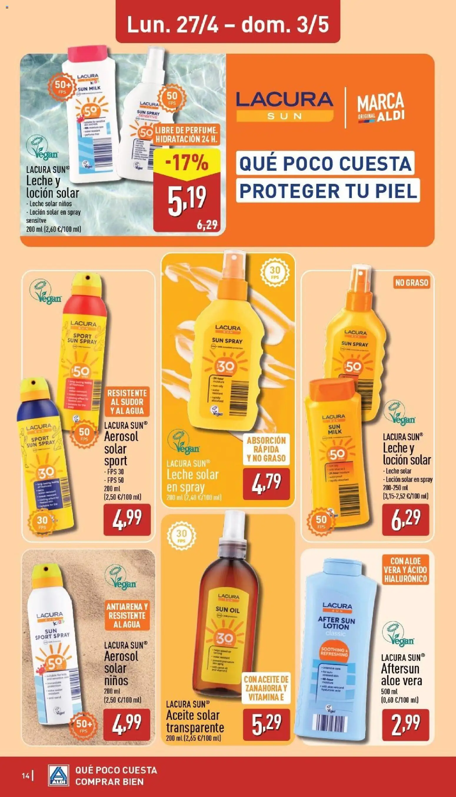 Aldi folleto Península │ válido desde el 27.04.2026 | Página: 14 | Productos: Spray solar, Leche, Aceite, Zanahoria