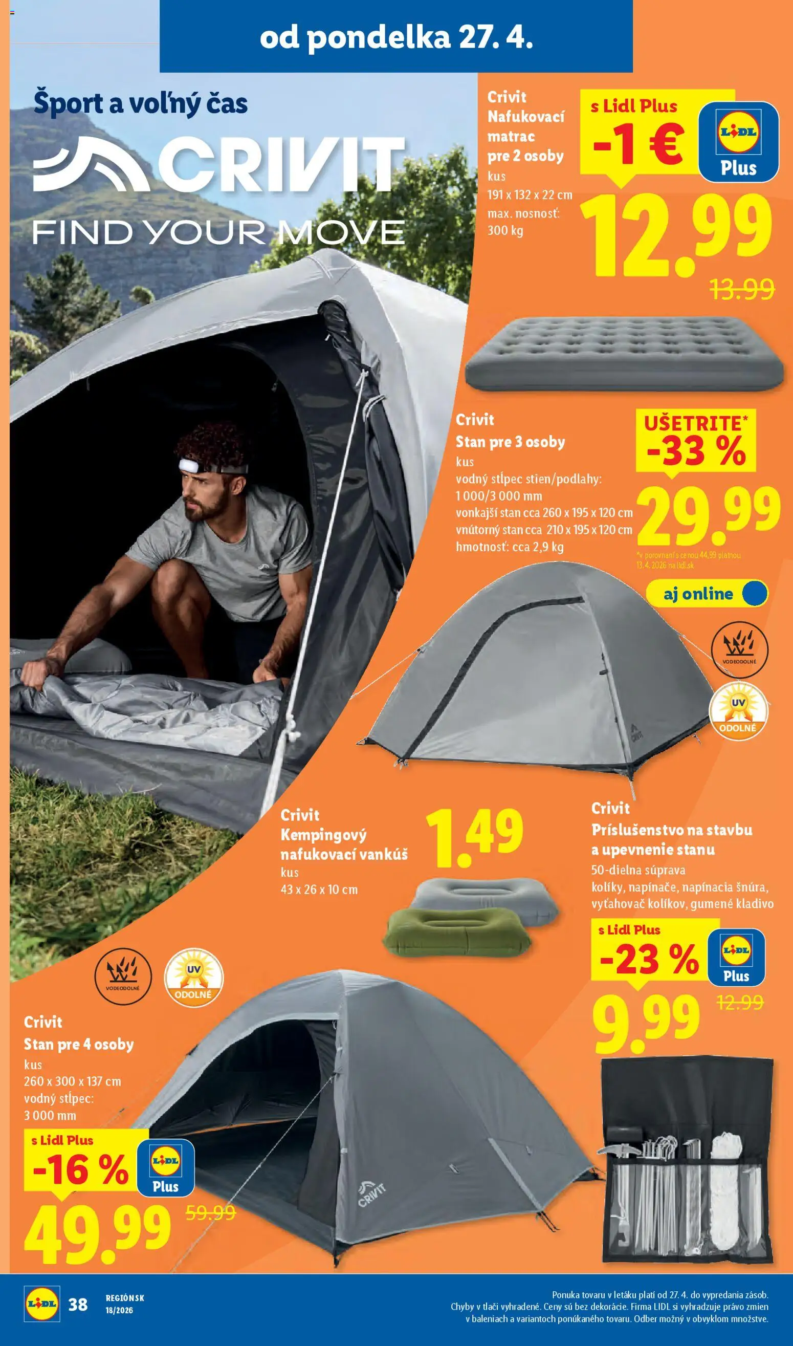 Nové Lidl akcie – leták je platný od 27.04.2026 | Strana: 40 | Produkty: Matrac, Vankúš, Nafukovací matrac, Stan