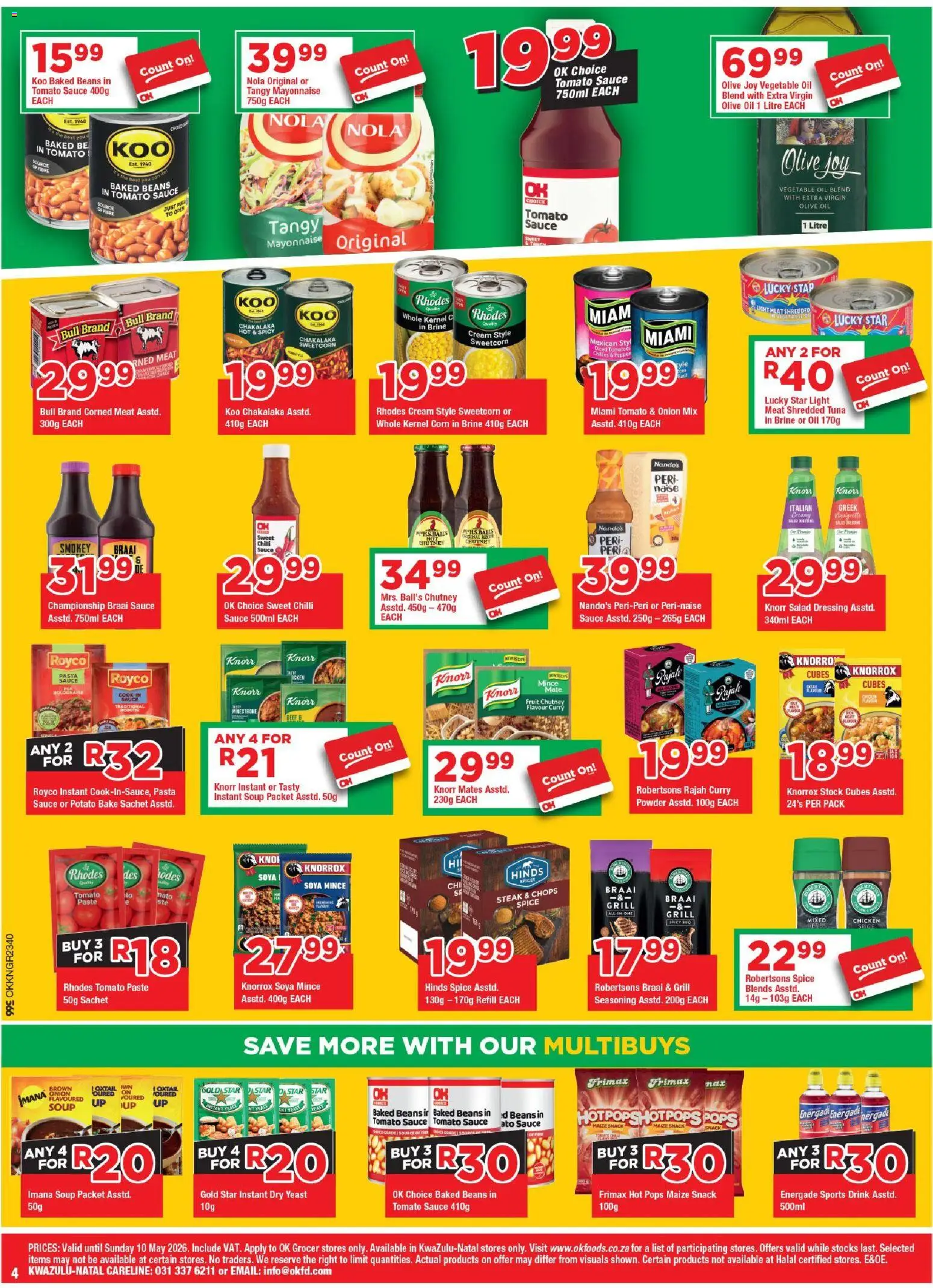 New OK Foods catalogue – valid from 24.04.2026 | Page: 4 | Products: Corned meat, Baked beans, Fruit, Chilli