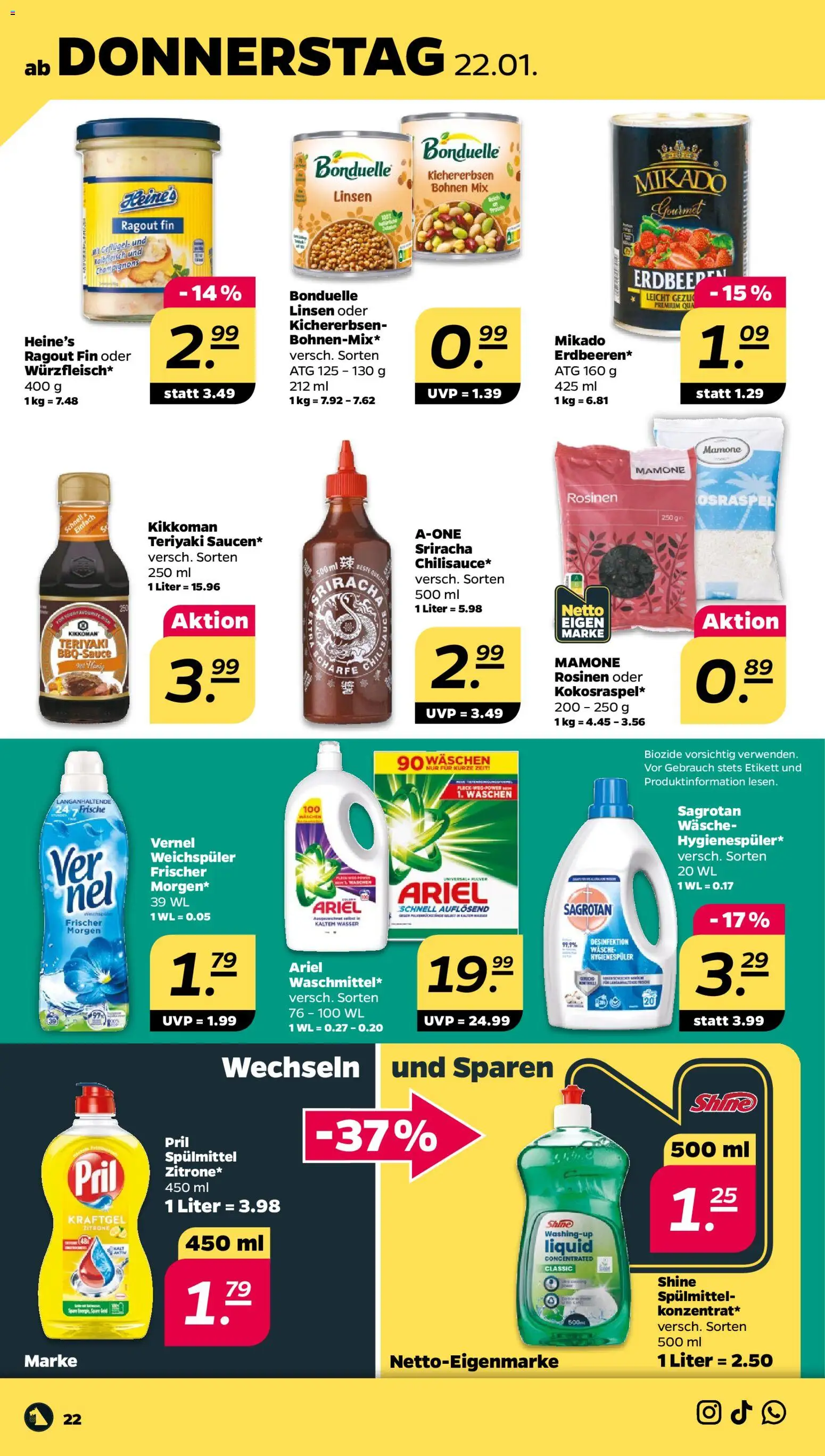 Netto Prospekt 	 – gültig ab 19.01.2026 | Seite: 24 | Produkte: Ariel, Wasser, Weichspüler, Zitrone