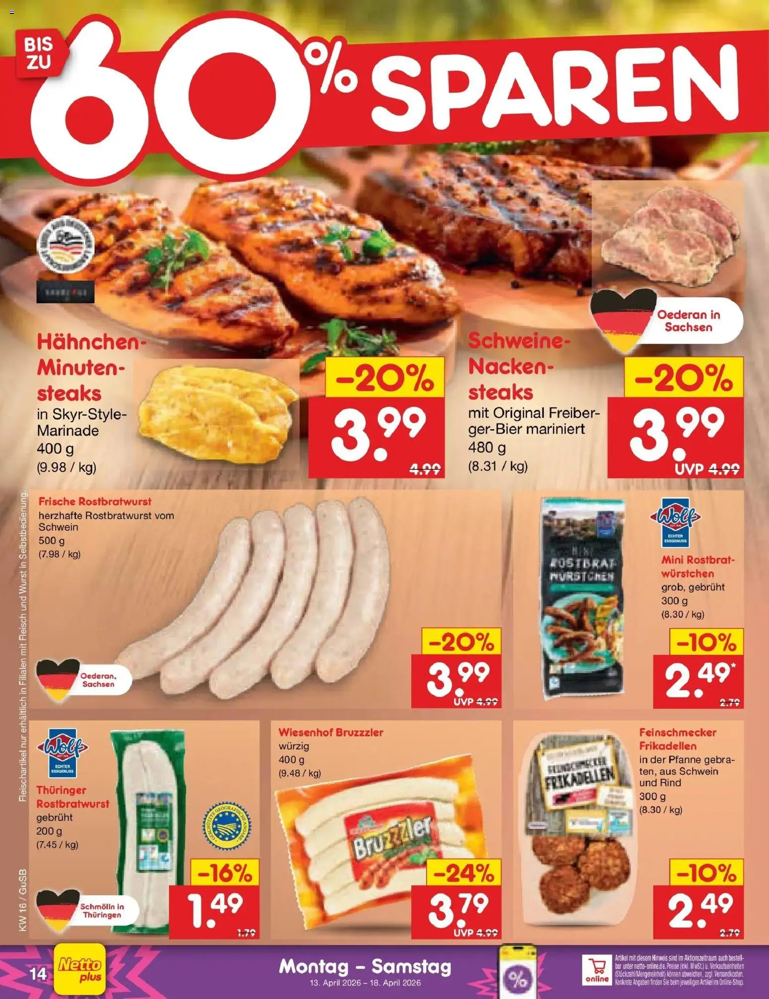 Netto Marken-Discount Prospekt Machern	 – gültig ab 13.04.2026 | Seite: 16 | Produkte: Hahnchen, Wurst, Fleisch