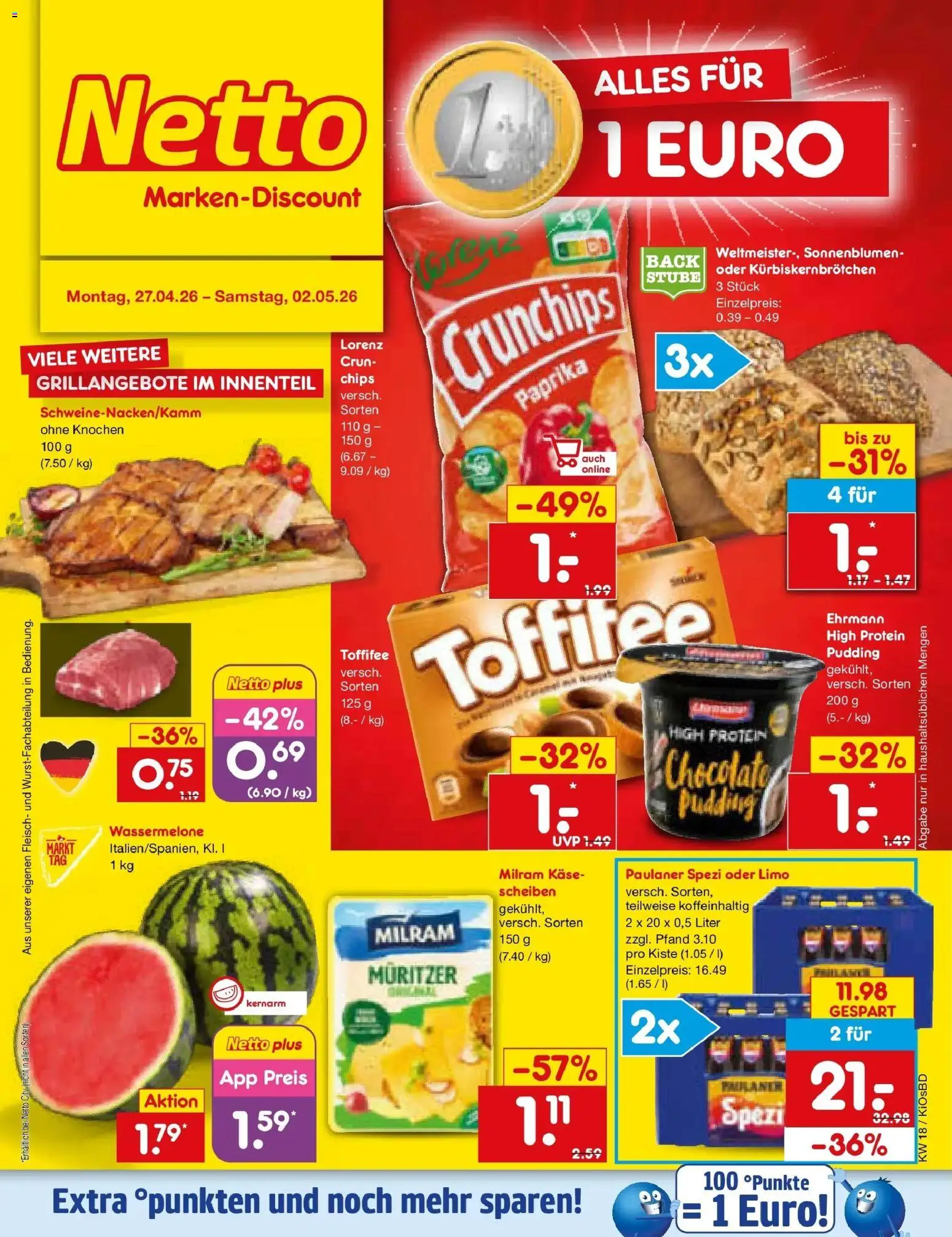 Netto Marken-Discount Prospekt Mistelbach	 – gültig ab 27.04.2026 | Seite: 1 | Produkte: Käse, Paulaner spezi, Milram, Wassermelone
