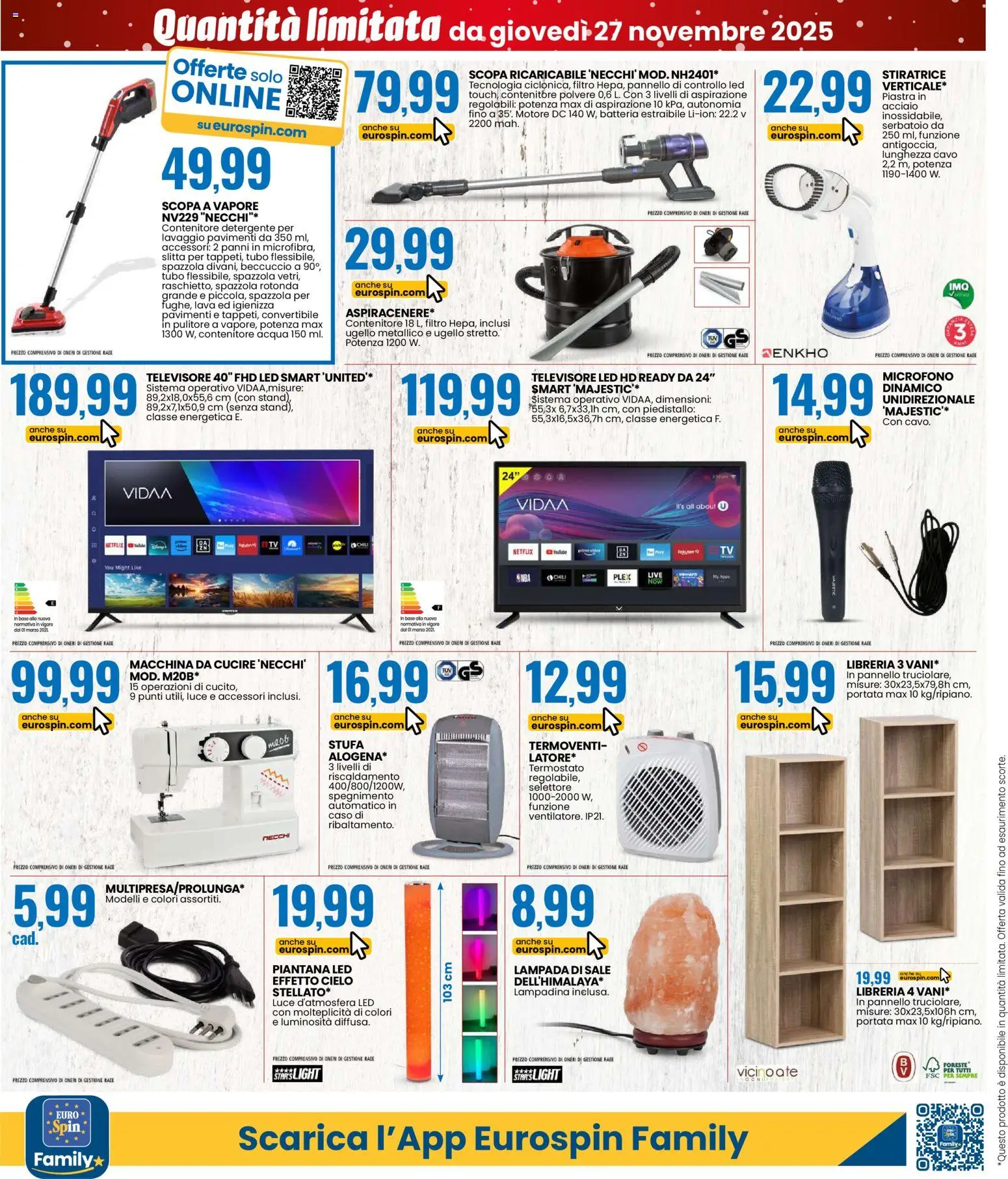 Volantino Eurospin del 27.11.2025 | Pagina: 18 | Prodotti: Stufa, Scopa, Contenitore, Lampada