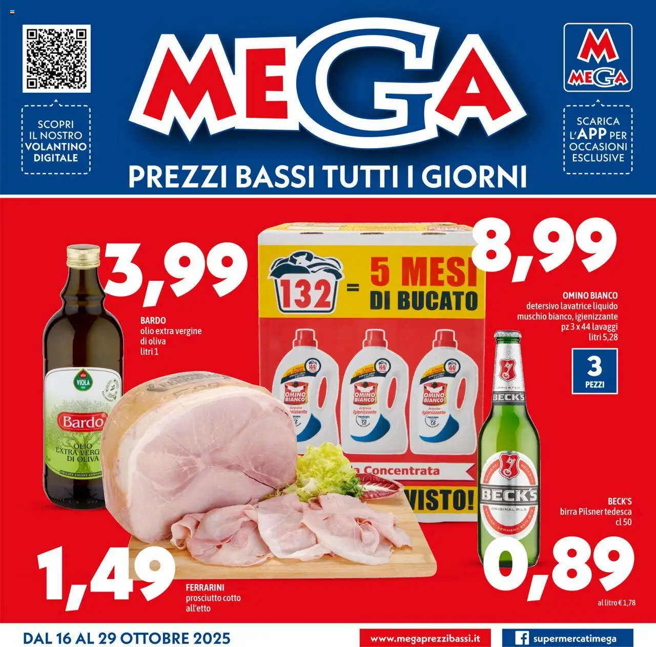 Volantino Mega del 16.10.2025 | Pagina: 1 | Prodotti: Birra, Olio, Prosciutto, Lavatrice