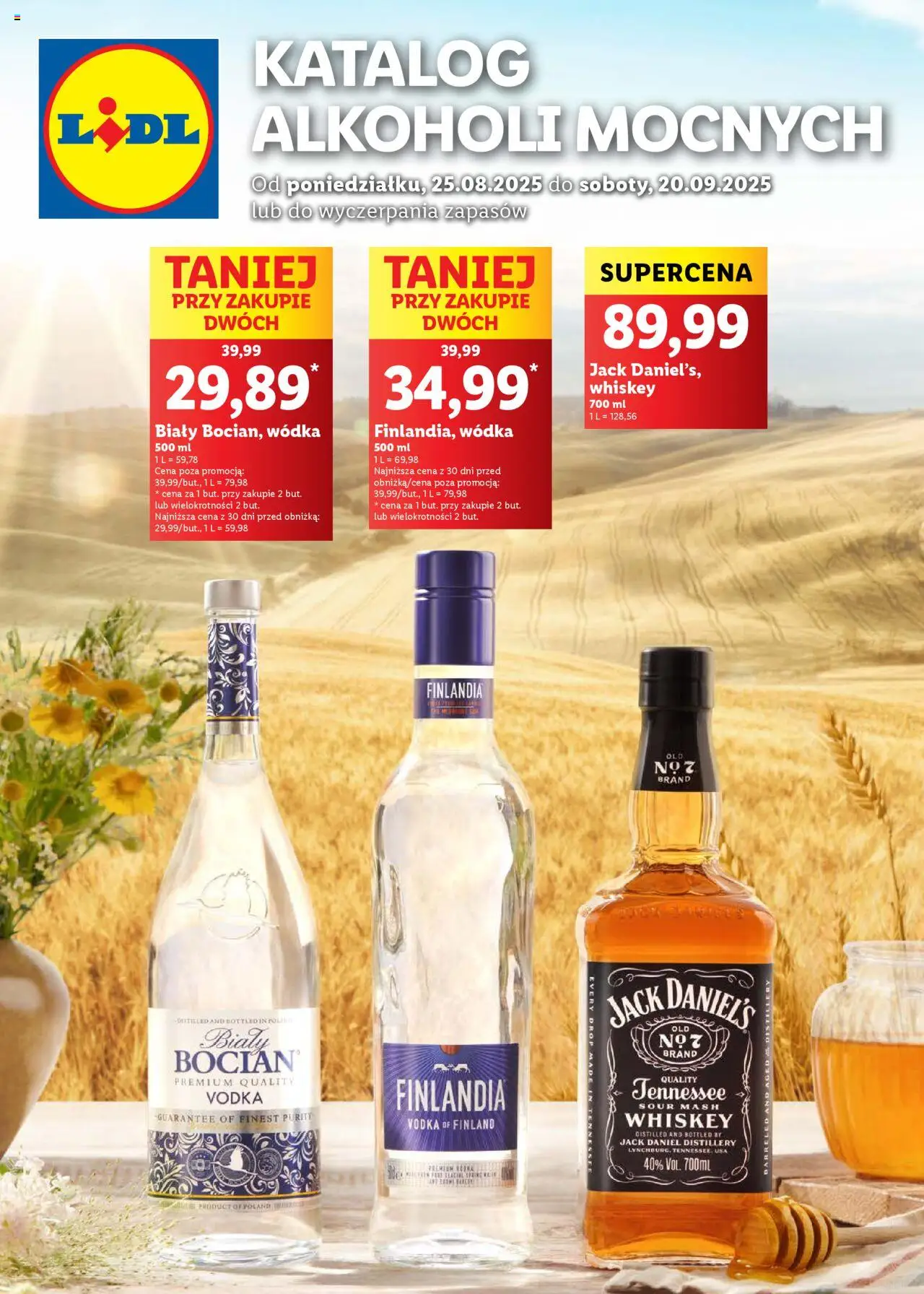 Lidl Katalog alkoholi mocnych od 25.08.2025 | Strona: 1 | Produkty: Wódka finlandia, Jack Daniel's, Vodka, Wódka