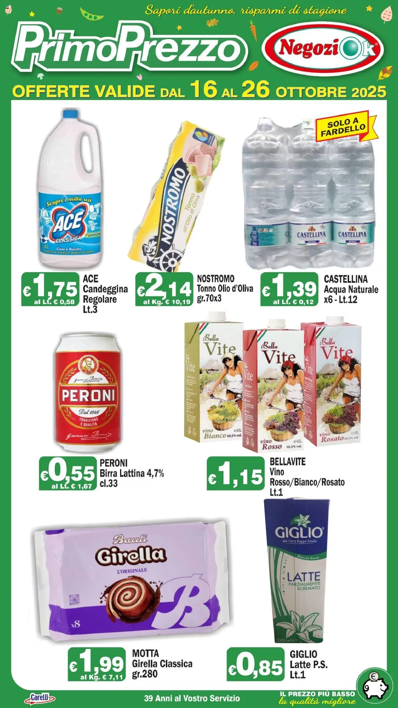 Volantino Primo Prezzo del 16.10.2025 | Pagina: 3 | Prodotti: Birra, Candeggina, Acqua, Vino