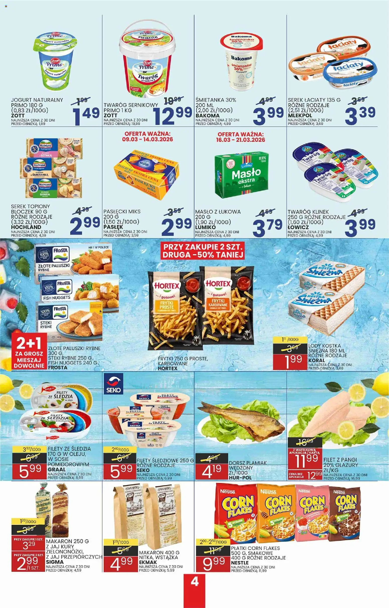 Wafelek gazetka od 09.03.2026 | Strona: 4 | Produkty: Makaron, Frytki, Twaróg, Lody