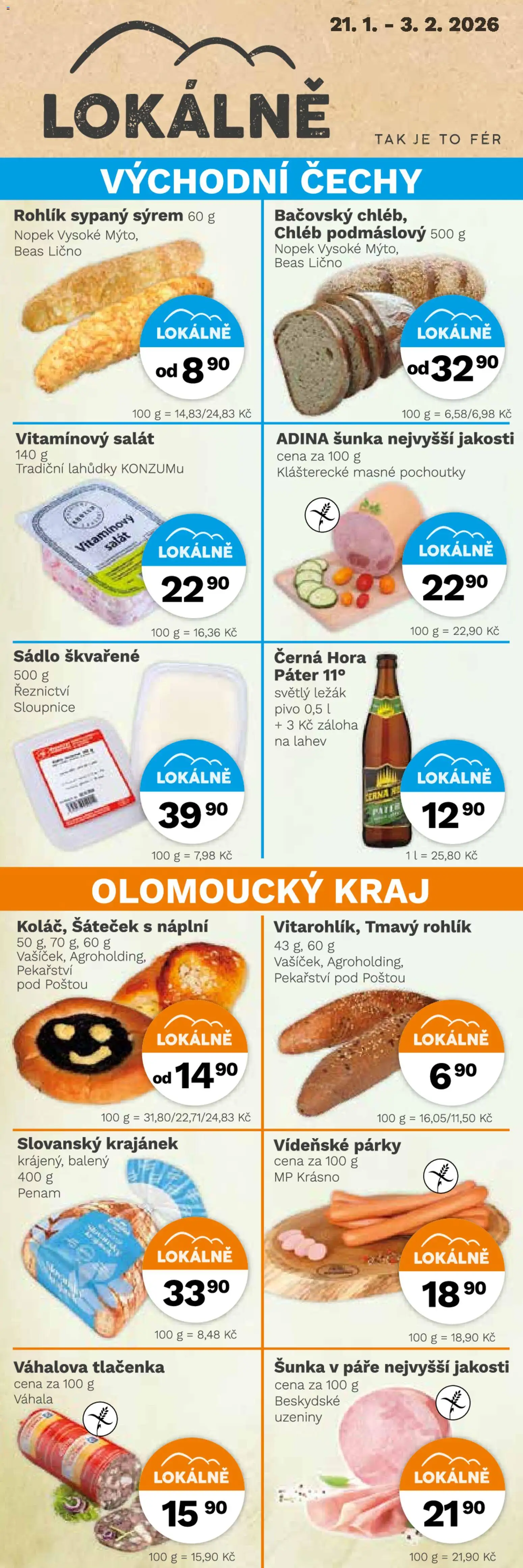 Konzum leták od 21.01.2026 | Strana: 2 | Produkty: Sádlo, Chléb, Párky, Rohlík