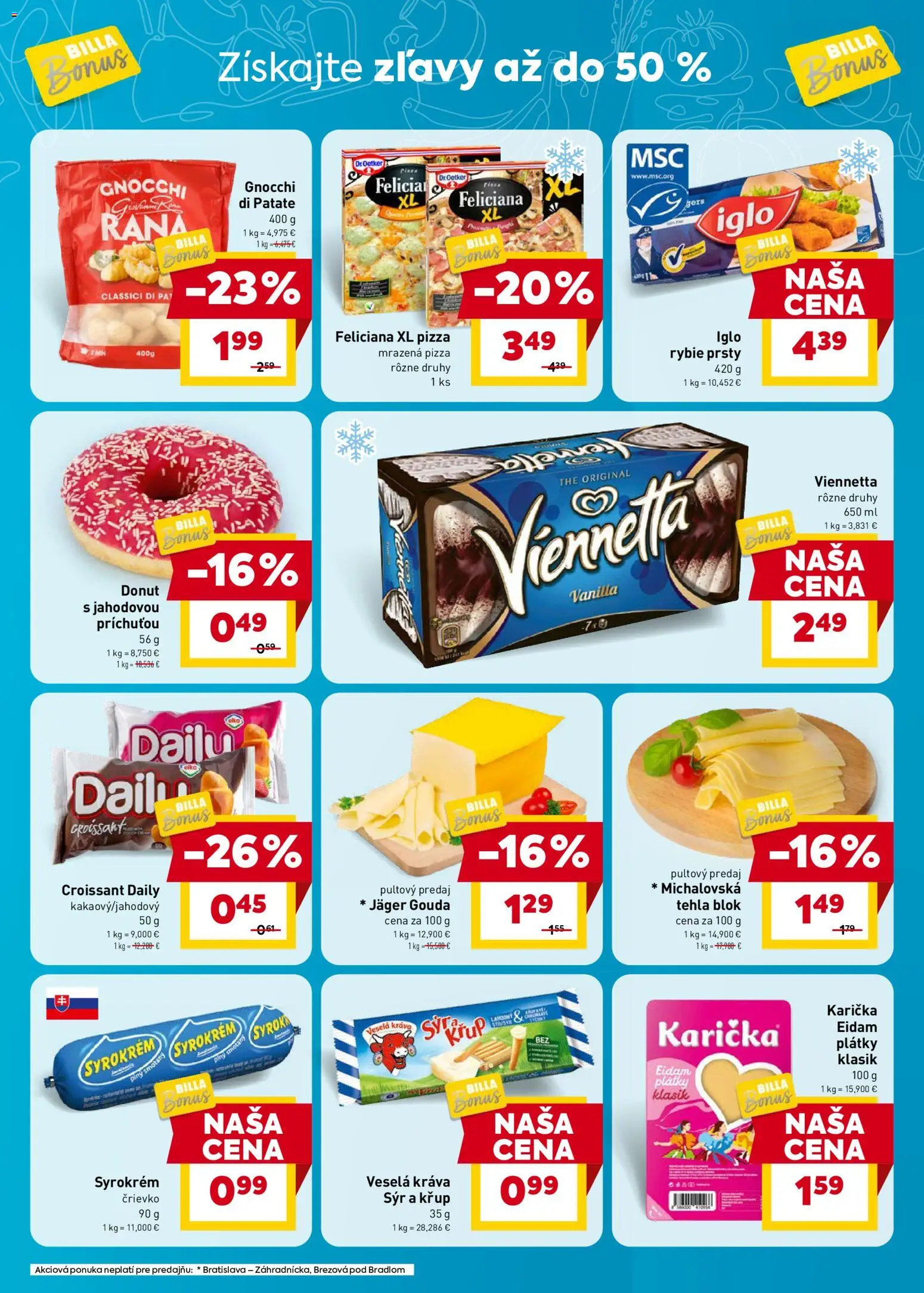 Nové Billa akcie – leták je platný od 29.04.2026 | Strana: 3 | Produkty: Syr, Donut, Croissant, Eidam