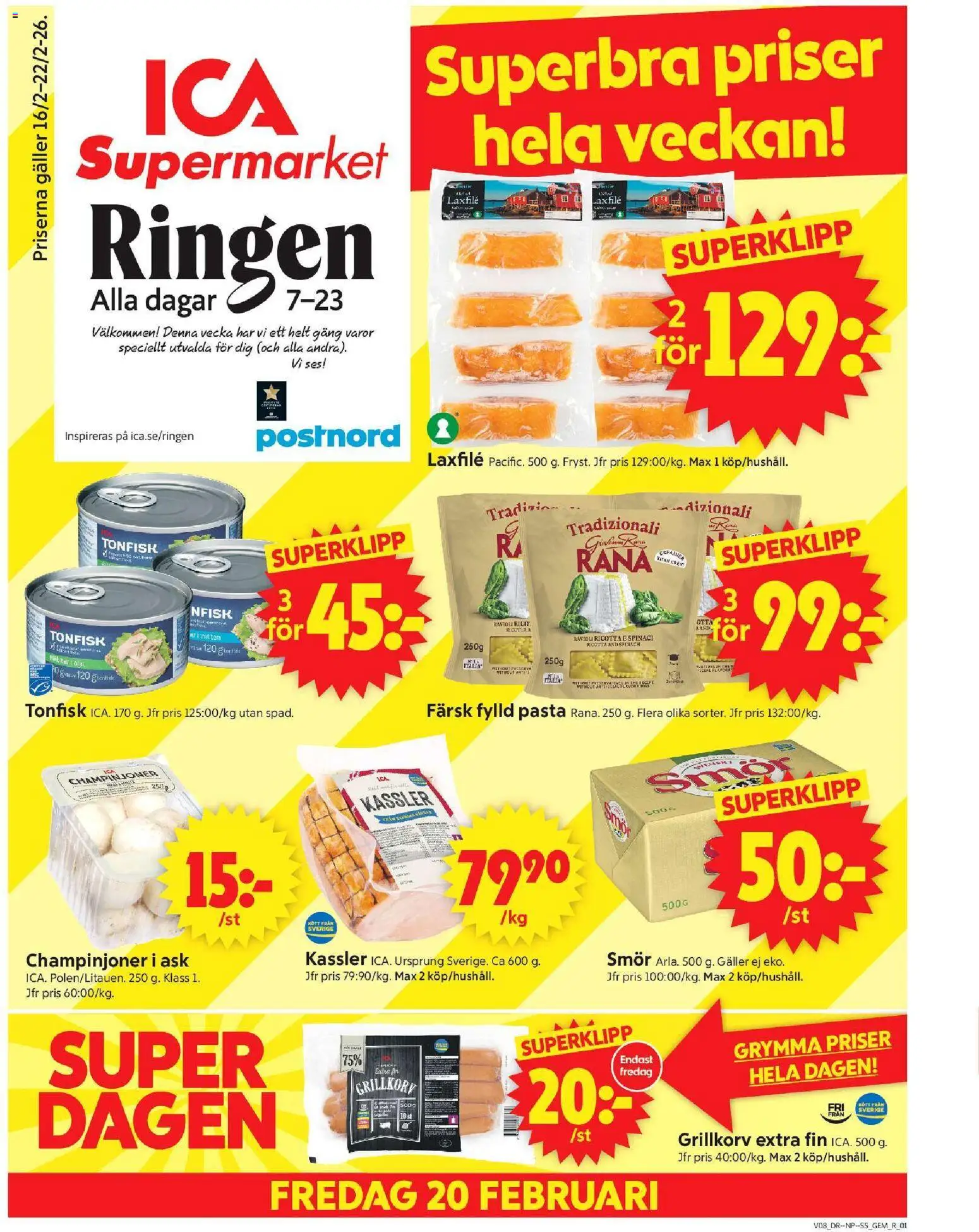 ICA Supermarket reklamblad aktuell från 16.02.2026 | Sida: 1 | Produkter: Gem, Kassler, Smör, Champinjoner