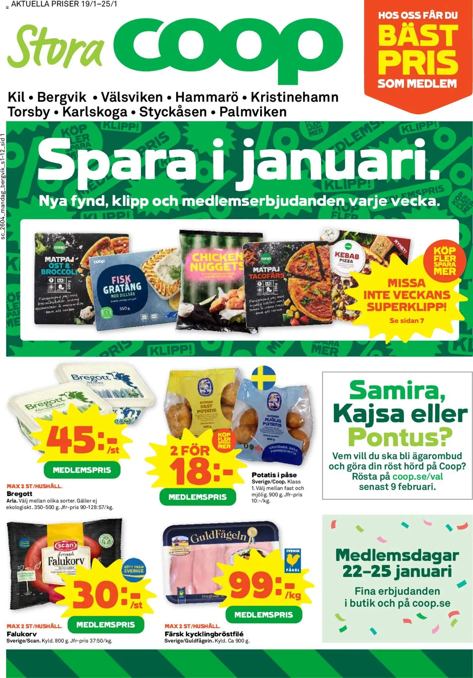 Stora Coop reklamblad aktuell från 19.01.2026 | Sida: 1 | Produkter: Galler, Falukorv, Bregott, Pizza
