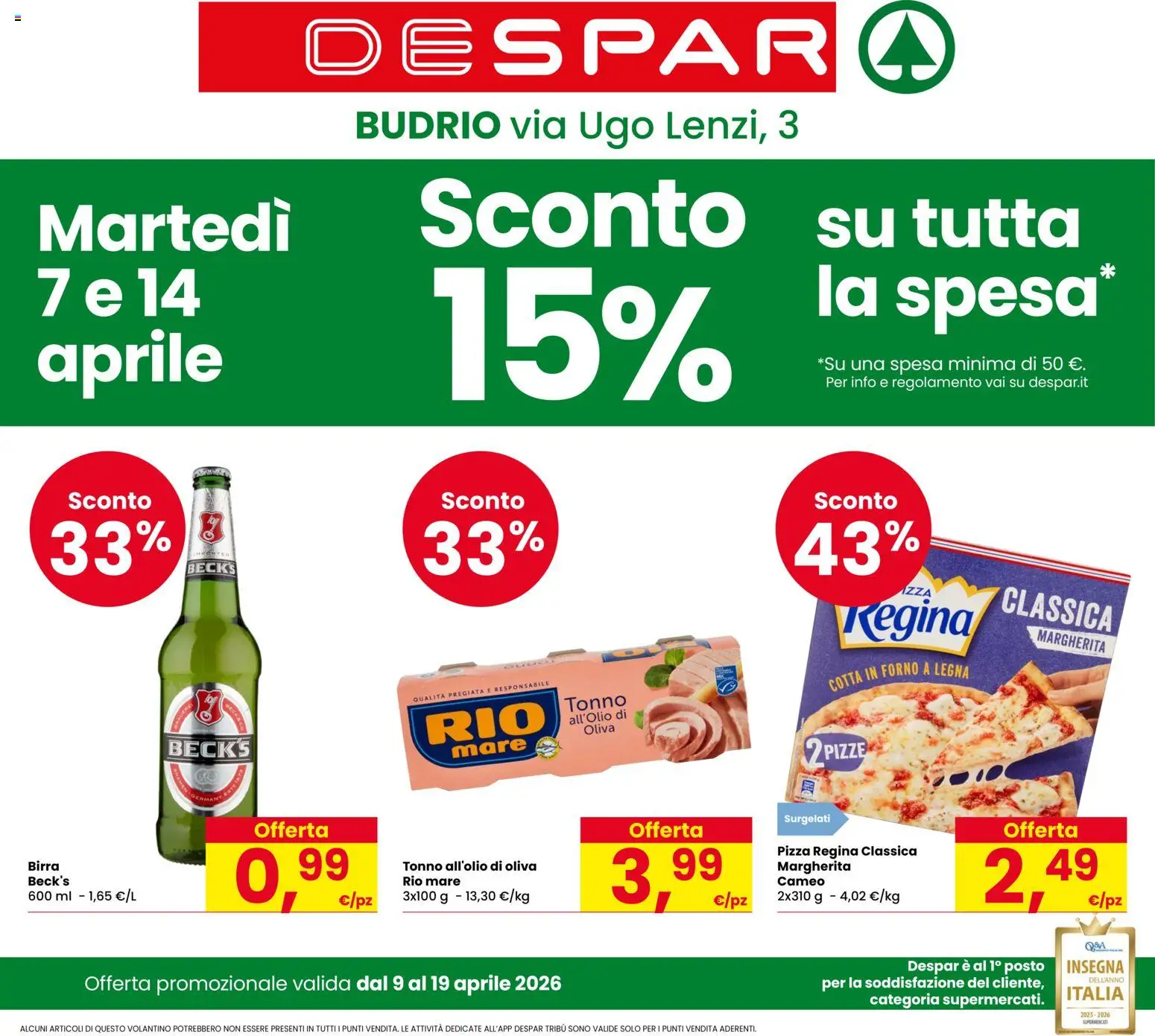 Volantino Despar del 09.04.2026 | Pagina: 1 | Prodotti: Pizza, Birra, Tonno, Forno