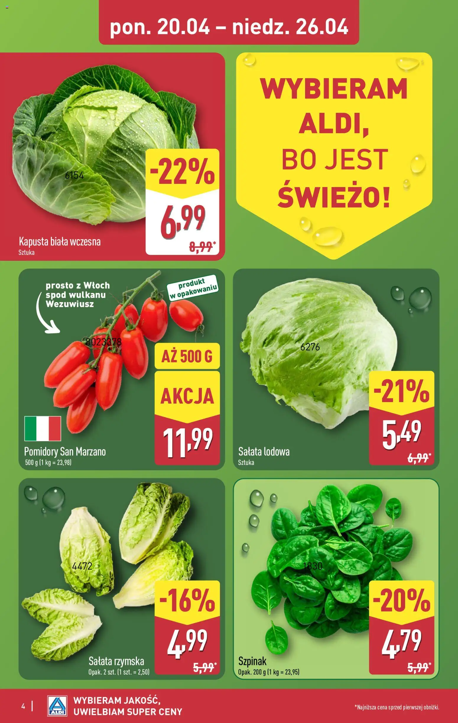 Aldi gazetka od 20.04.2026 | Strona: 4 | Produkty: Kapusta, Szpinak, Pomidory, Kapusta biała