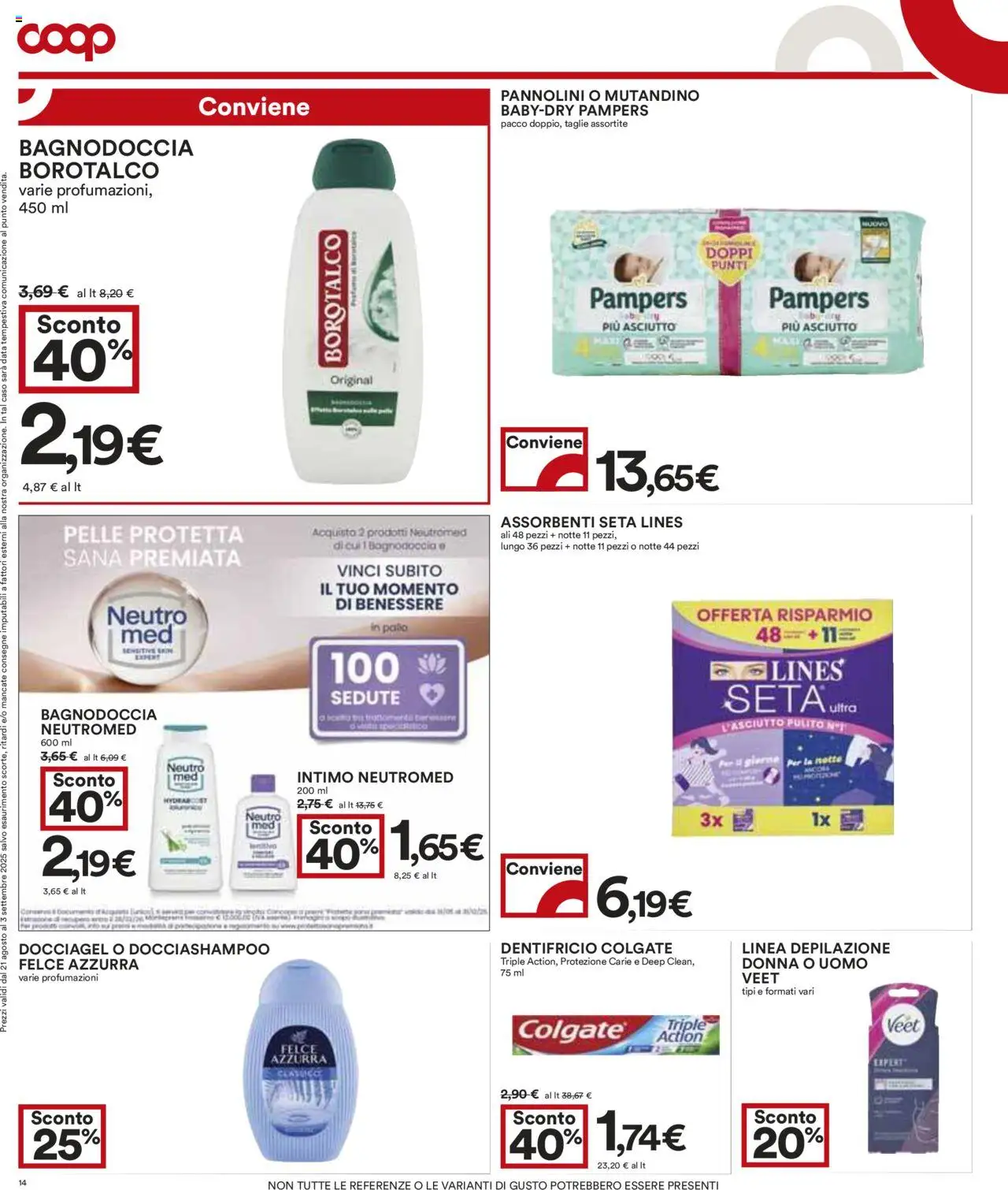 Volantino COOP del 21.08.2025 | Pagina: 14 | Prodotti: Pannolini, Dentifricio, Intimo, Pampers