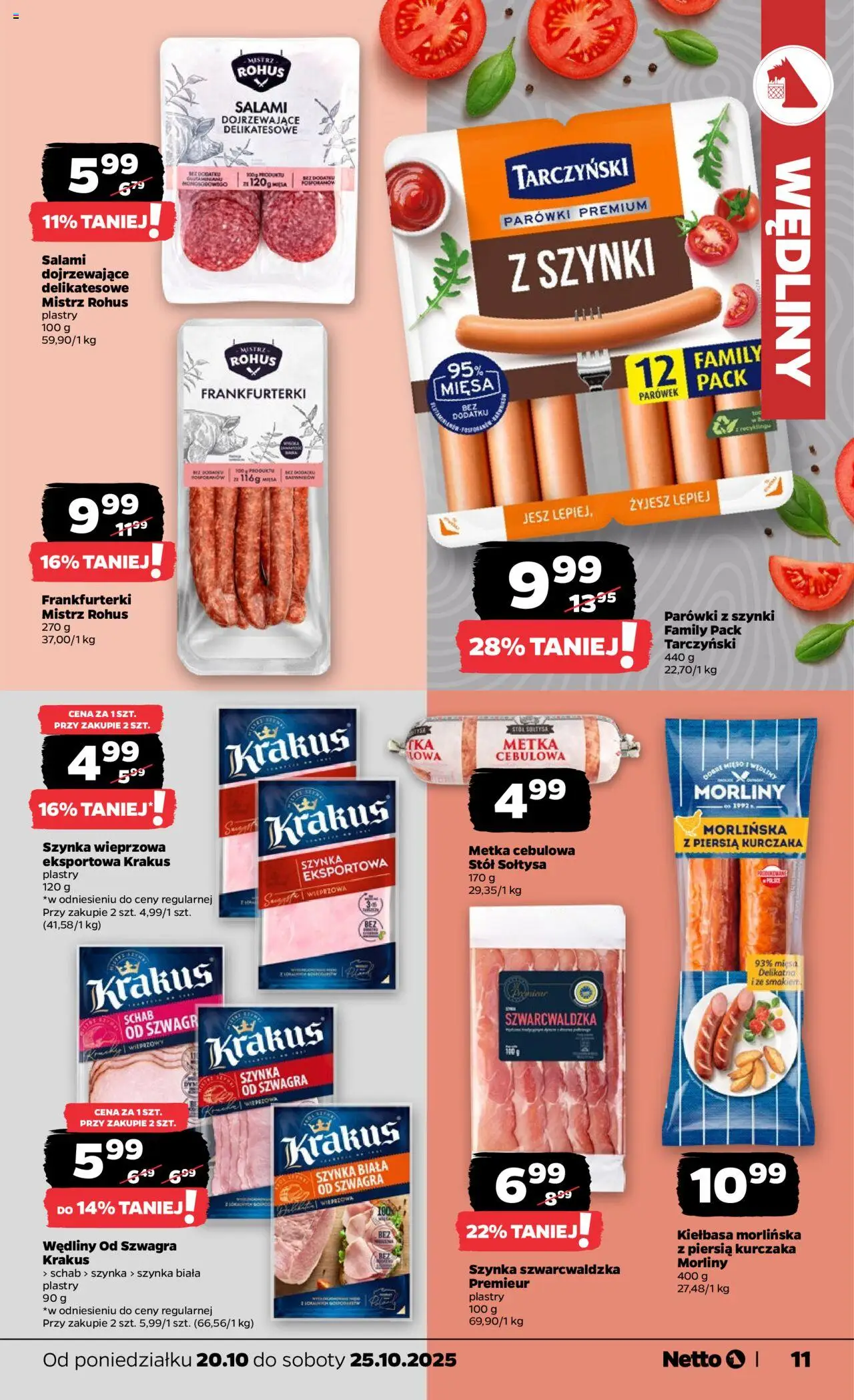 Netto gazetka - Spożywcza od 20.10.2025 | Strona: 11 | Produkty: Schab, Frankfurterki, Parówki z szynki, Szynka wieprzowa