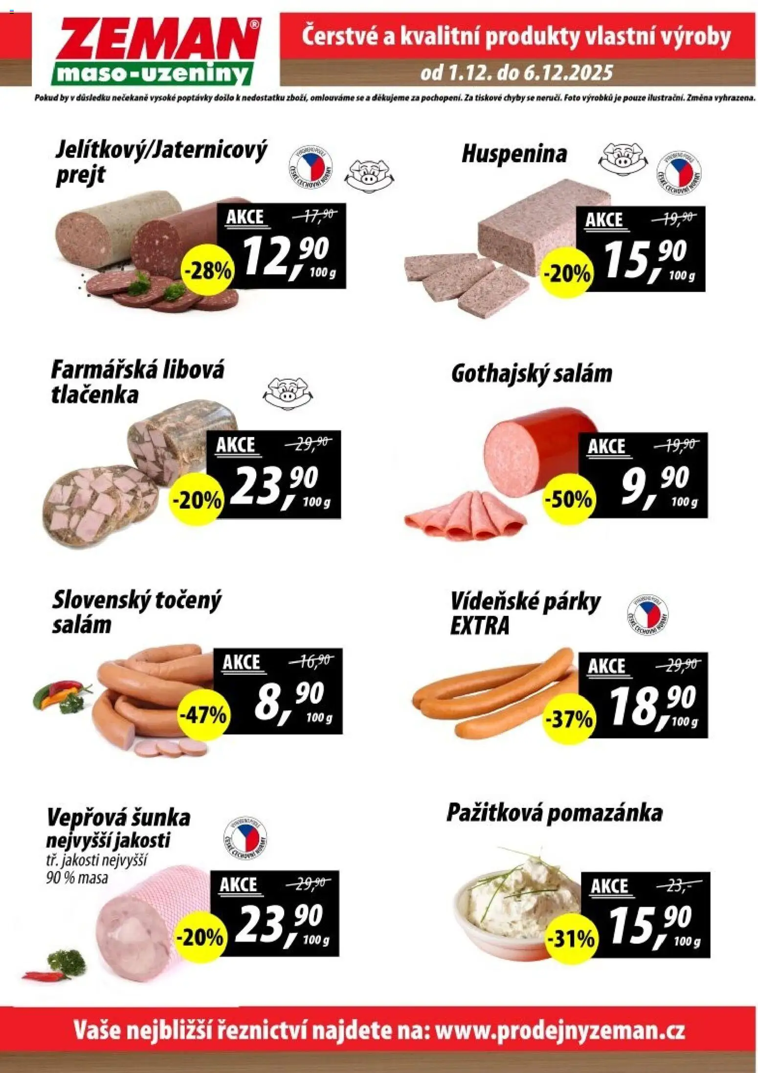 Prodejny Zeman leták od 01.12.2025 | Strana: 2 | Produkty: Šunka, Vídeňské párky, Tlačenka, Maso