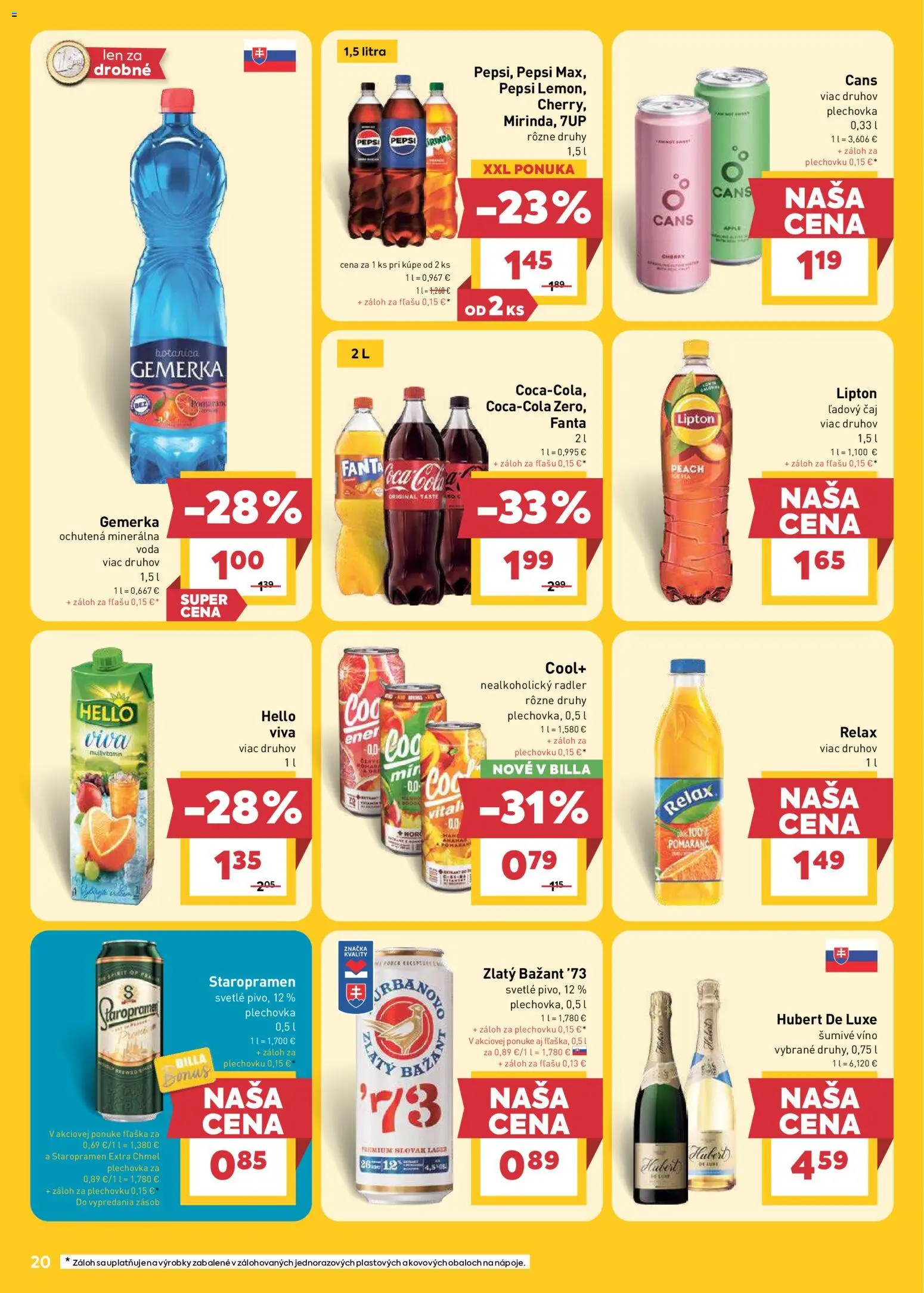 Nové Billa akcie – leták je platný od 22.04.2026 | Strana: 20 | Produkty: Radler, Staropramen, Voda, Pepsi