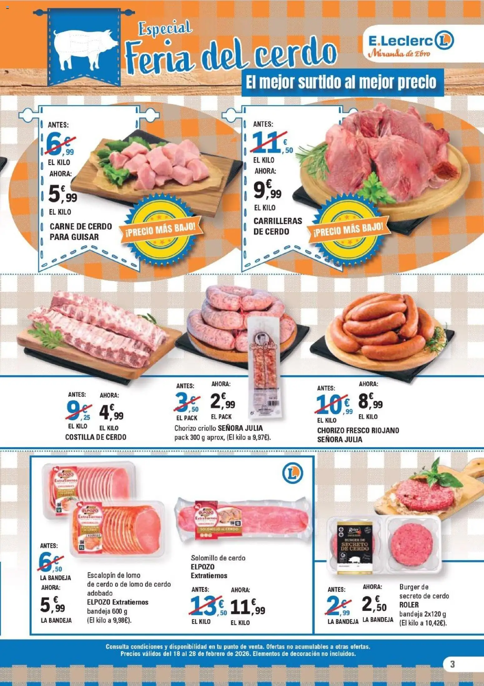E.Leclerc - Miranda de Ebro │ válido desde el 18.02.2026 | Página: 3 | Productos: Solomillo de cerdo, Cerdo, Costilla de cerdo, Bandeja