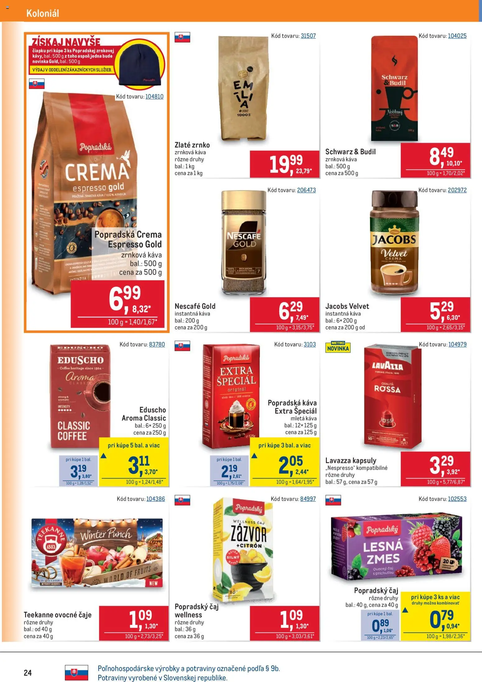 Nové Metro akcie – leták je platný od 19.11.2025 | Strana: 24 | Produkty: Jacobs Velvet, Zázvor, Káva, Teekanne