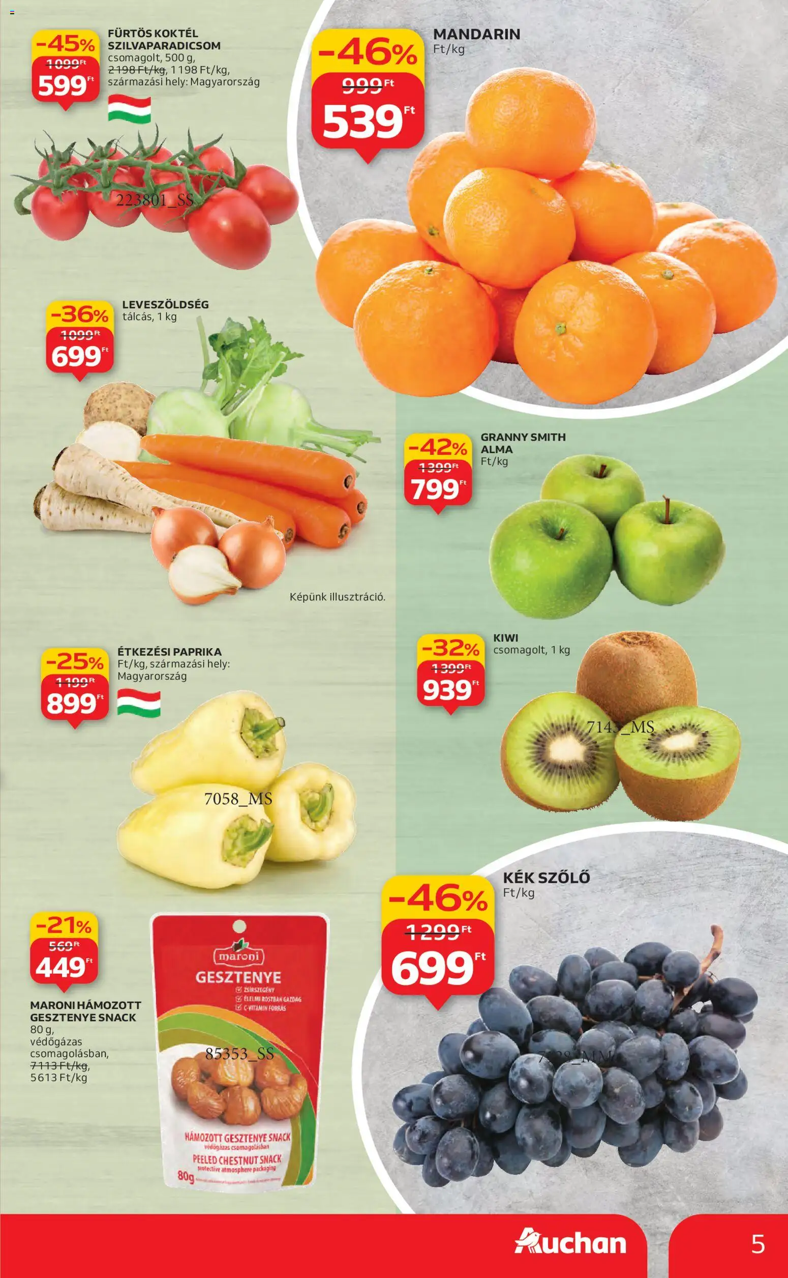 Auchan akciós ujság - amely érvényes a következő dátumtól: 30.10.2025 | Oldal: 5 | Termékek: Szőlő, Alma, Kiwi, Mandarin