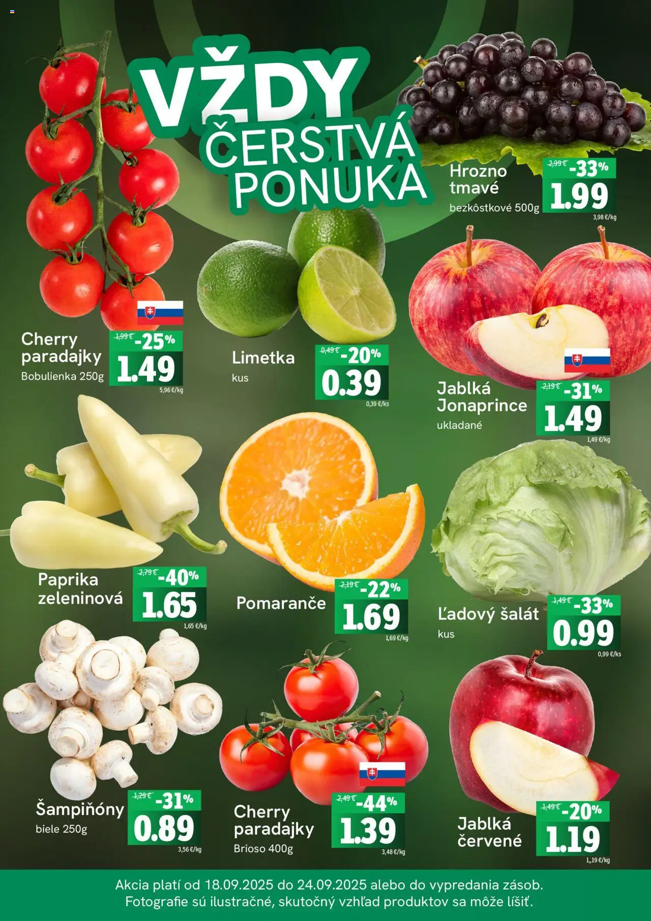Nové Fresh akcie – leták je platný od 18.09.2025 | Strana: 3 | Produkty: Paprika, Limetka, Jablká, Hrozno