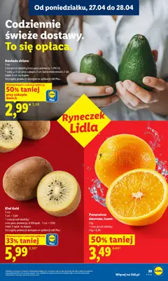 Pogląd oferty "Kiwi Gold, 3 szt. 1 szt. = 2,00 * cena przed obniżką/ cena poza promocją: 8,99/opak., 1 szt. = 3,00 Limit: 2 opak. na kupon. Szczegóły promocji dostępne w aplikacji Lidl Plus." - ważna od 27.04.2026 | Strona: 39