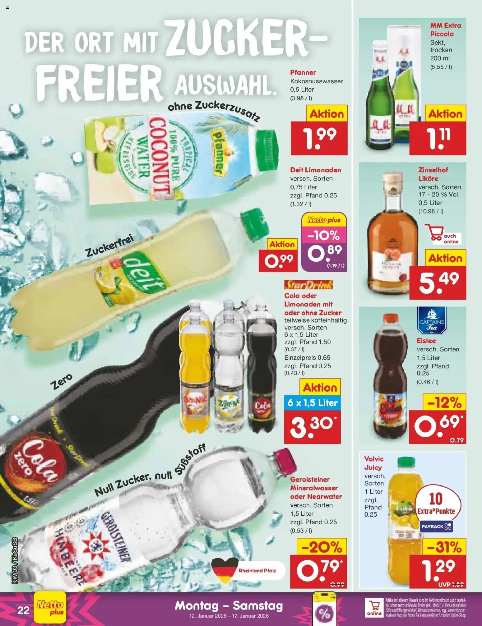 Netto Marken-Discount prospekt Kruft	 – gültig ab 12.01.2026 | Seite: 22 | Produkte: Cola, Himbeere, Volvic, Gerolsteiner