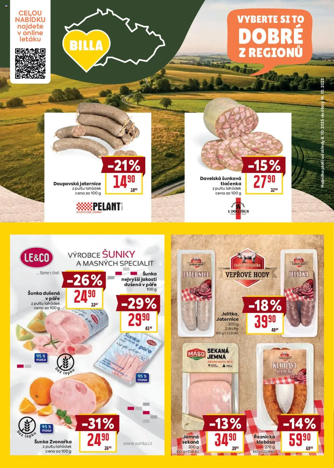 Billa Velký leták od 08.10.2025 | Strana: 10 | Produkty: Šunka, Sekaná, Klobása, Maso