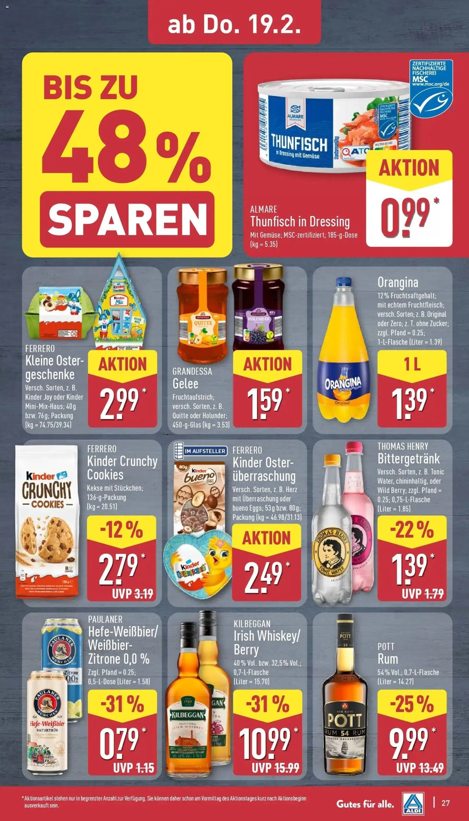 Aldi Wochenangebote – gültig ab 16.02.2026 | Seite: 32 | Produkte: Thunfisch, Dressing, Kinder joy, Paulaner