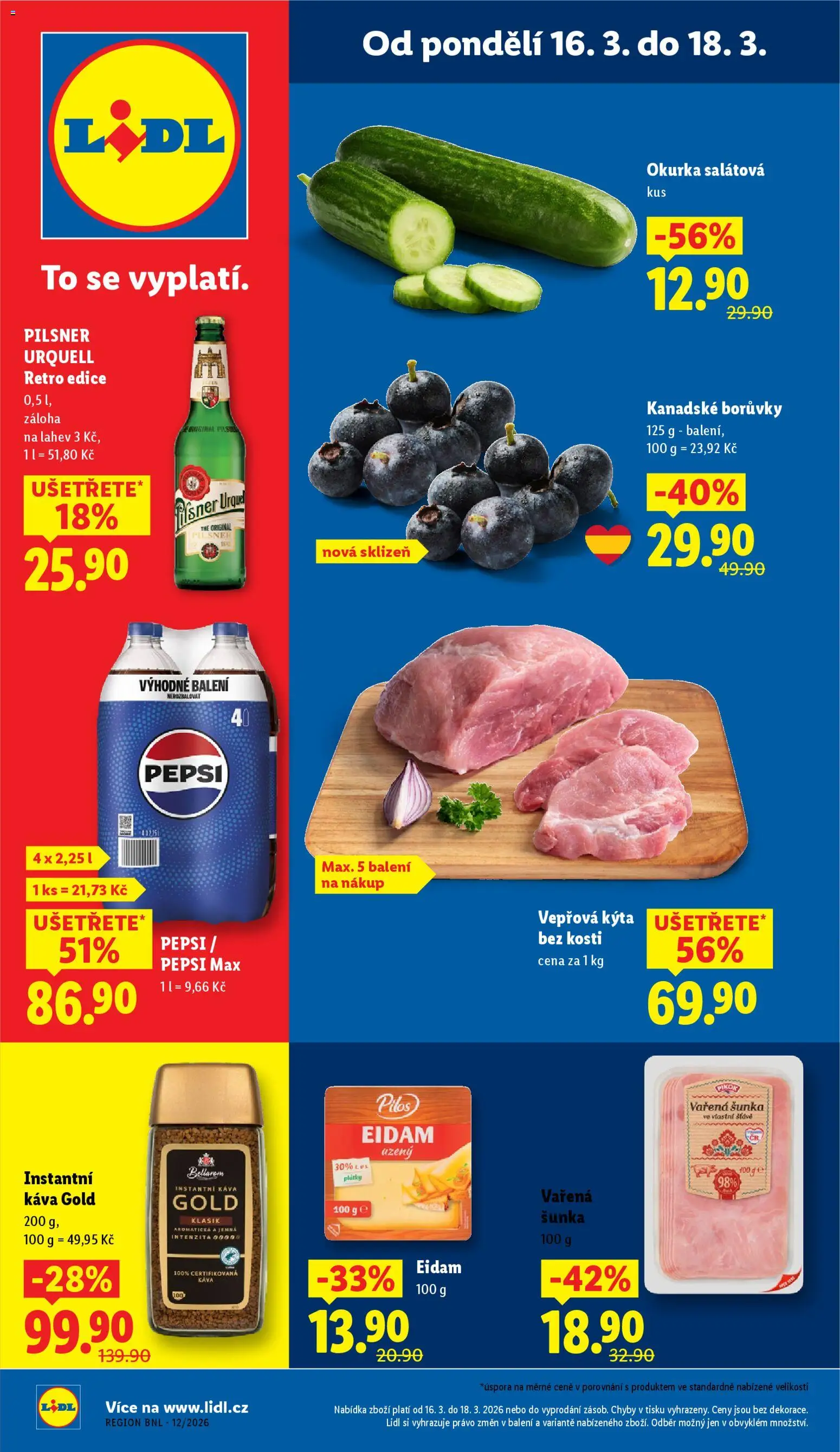 Lidl leták od 16.03.2026 | Strana: 1 | Produkty: Instantní káva, Eidam, Láhev, Okurka