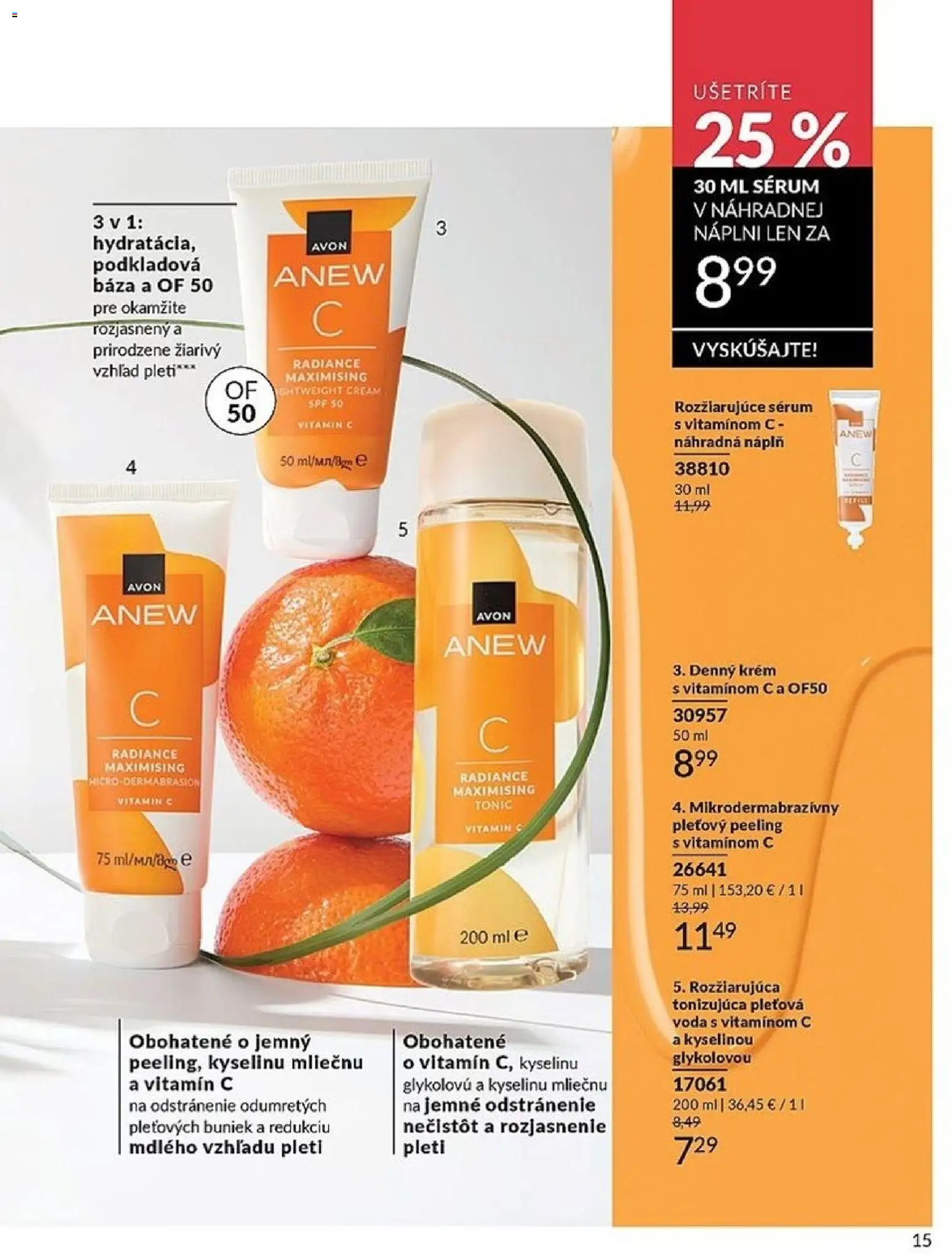 Nové Avon akcie – leták je platný od 01.05.2026 | Strana: 15 | Produkty: Peeling, Krém, Voda
