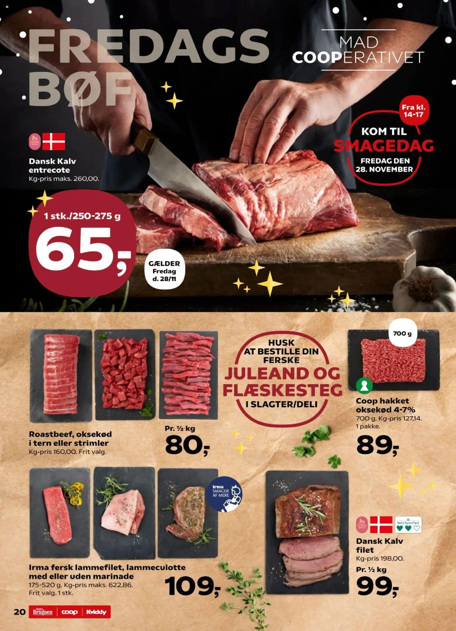 Super Brugsen tilbudsavis – gyldig fra 28.11.2025 | Side: 20 | Produkter: Oksekød, Entrecote, Flæskesteg