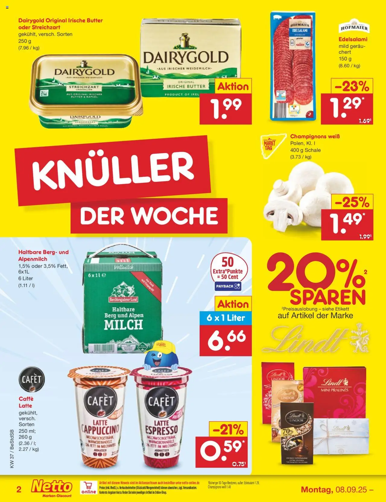 Netto Marken-Discount Prospekt 	 – gültig ab 08.09.2025 | Seite: 2 | Produkte: Milch, Rapsöl, Champignons, Lindt