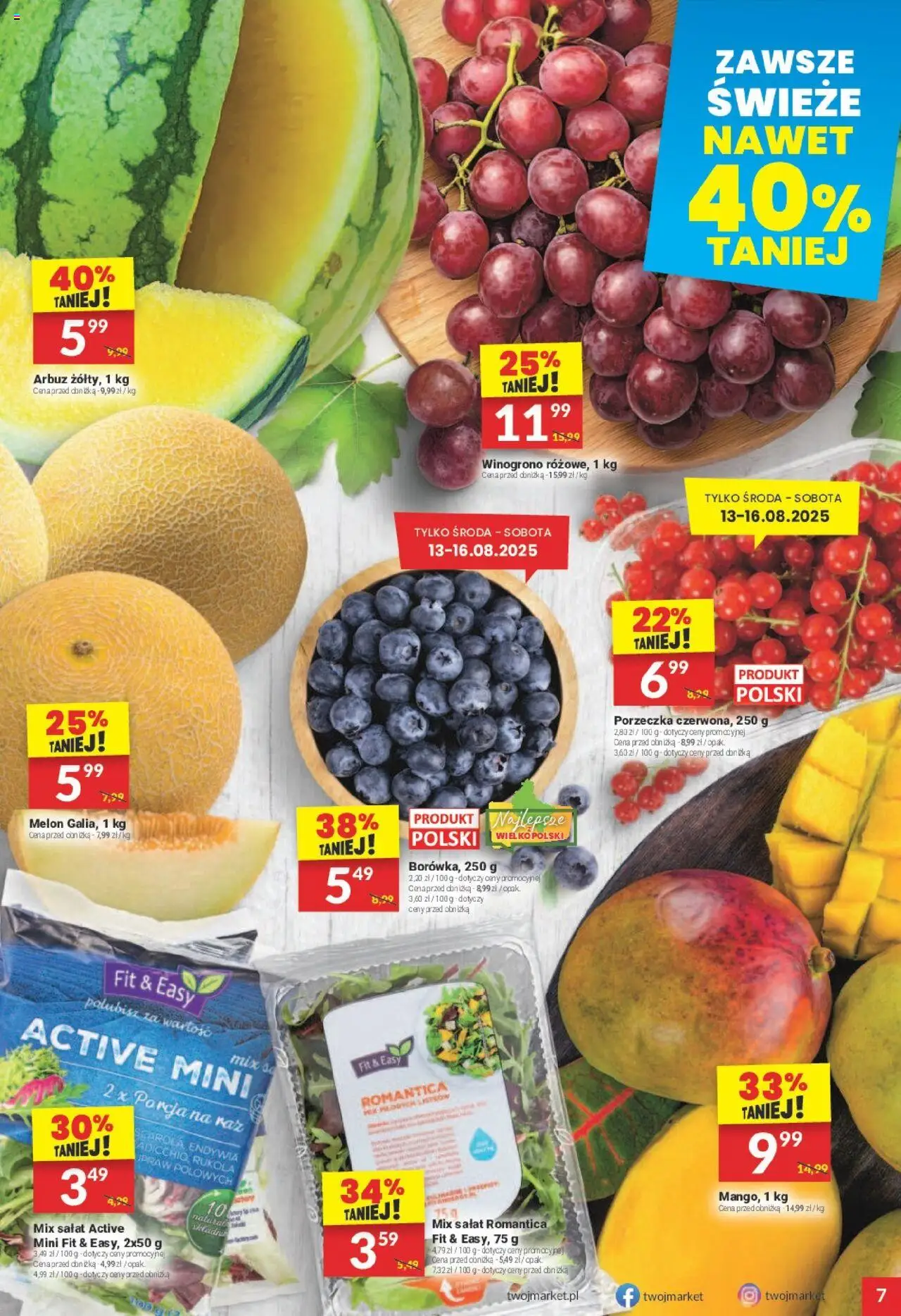 Twój Market Gazetka od 13.08.2025 | Strona: 7 | Produkty: Winogrono, Rukola, Porzeczka, Mix sałat