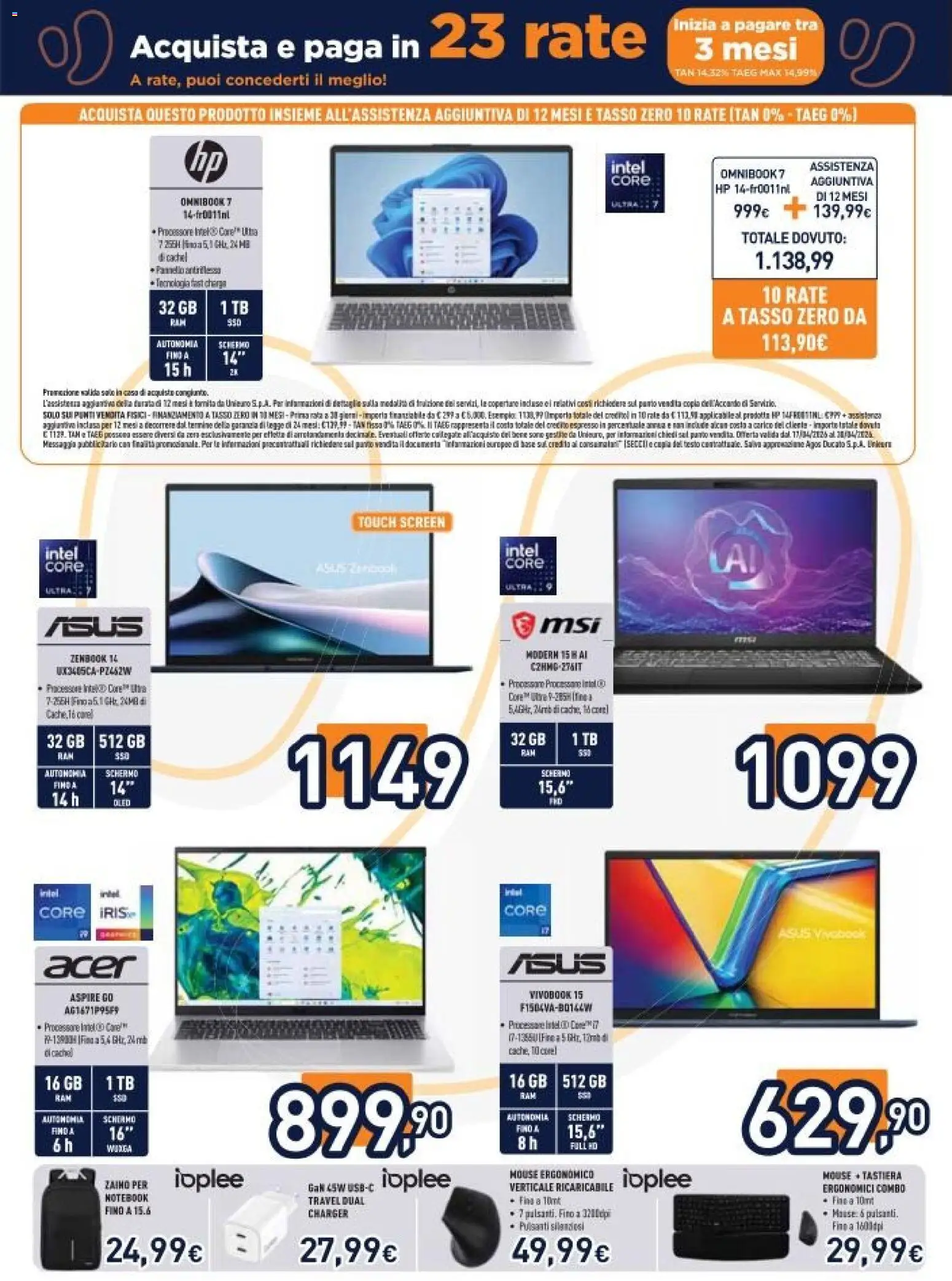 Volantino Unieuro del 17.04.2026 | Pagina: 13 | Prodotti: Schermo, Notebook, Tè, Zaino