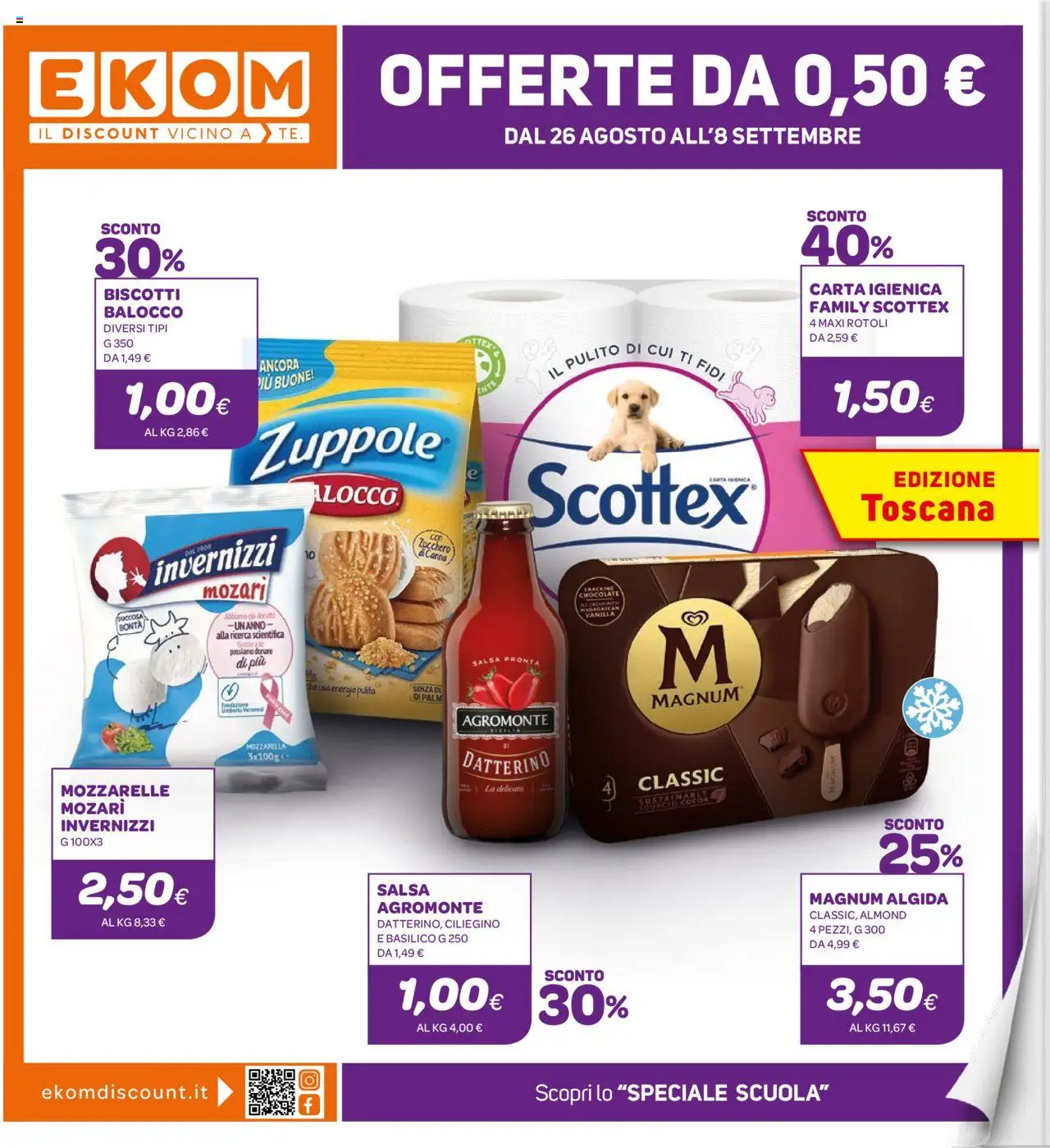 Volantino Ekom del 26.08.2025 | Pagina: 1 | Prodotti: Biscotti, Salsa, Zucchero, Mozzarella