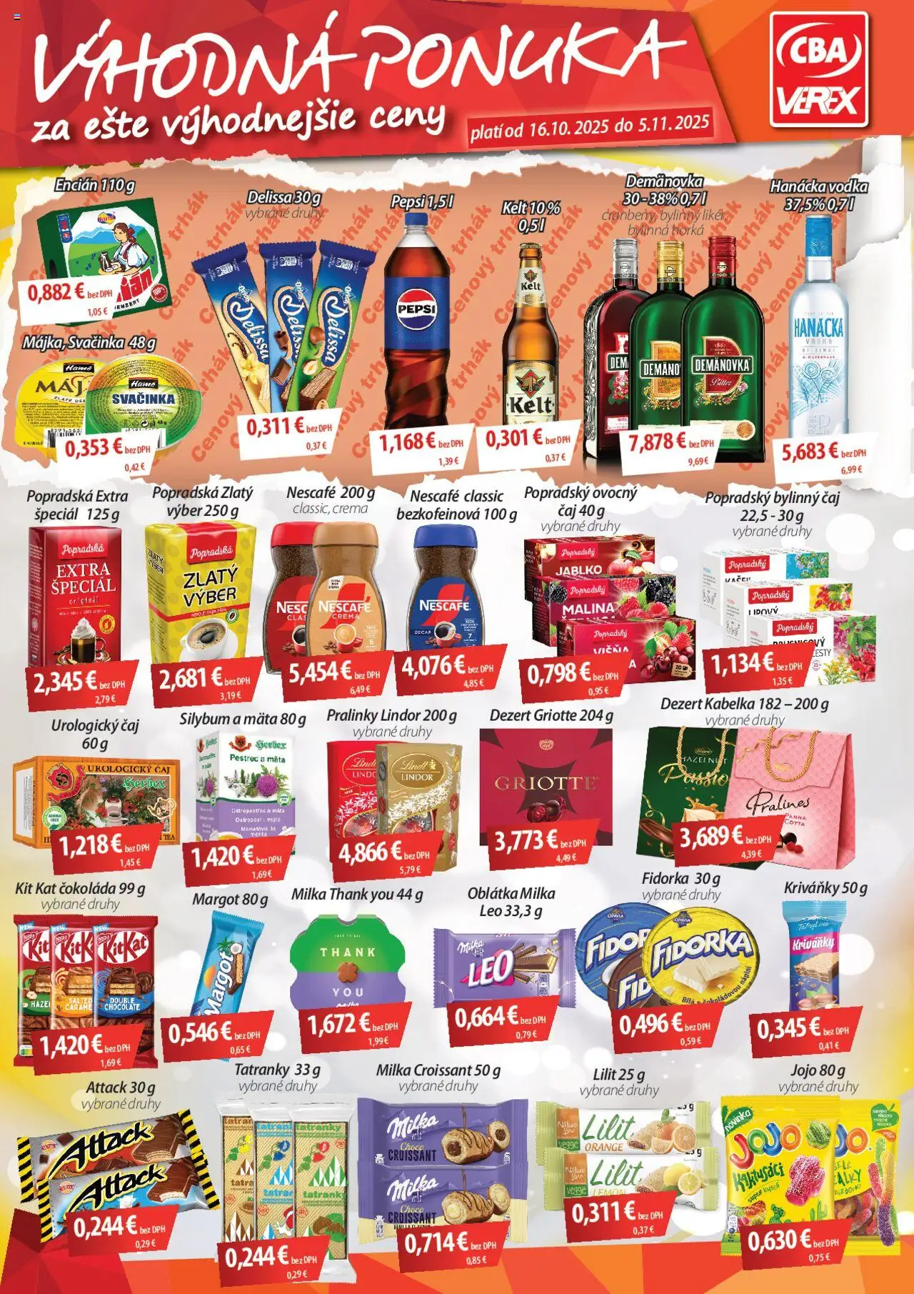 Nové CBA Verex akcie – leták je platný od 16.10.2025 | Strana: 1 | Produkty: Čaj, Kelt, Milka, Pepsi