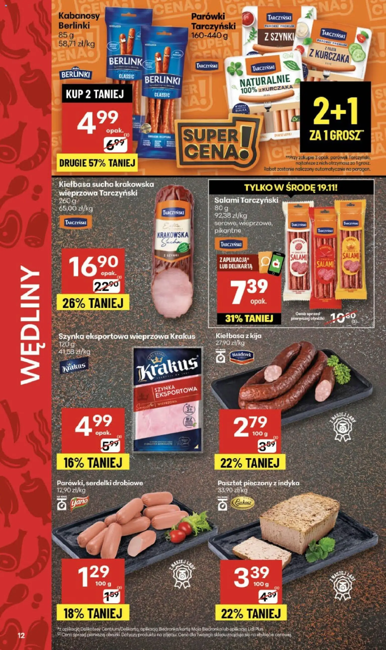 Delikatesy Centrum Gazetka - Sklepy Własne od 13.11.2025 | Strona: 12 | Produkty: Delikatesy, Parówki tarczyński, Salami, Wędliny
