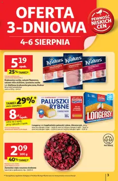 Auchan Gazetka - Pewność niskich cen Hipermarket od 31.07.2025 | Strona: 3 | Produkty: Kiełbasa, Kiełbasa krakowska, Paluszki, Salami