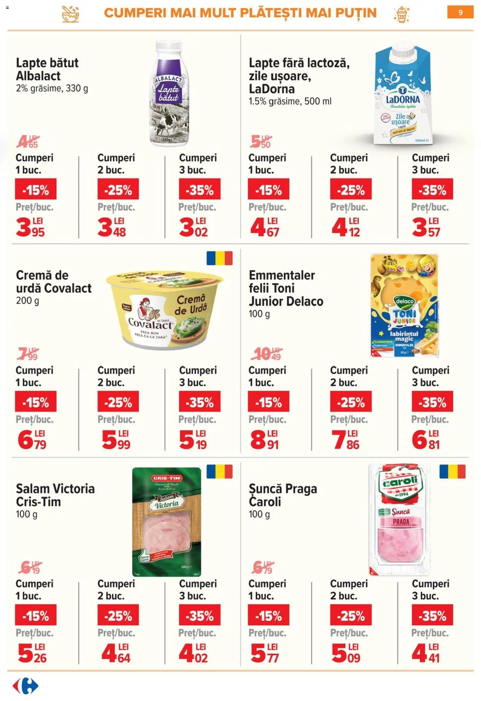 Noul catalog Carrefour – valabil de la 08.01.2026 | Pagină: 9 | Produse: Lapte, Cremă, Salam, Șuncă